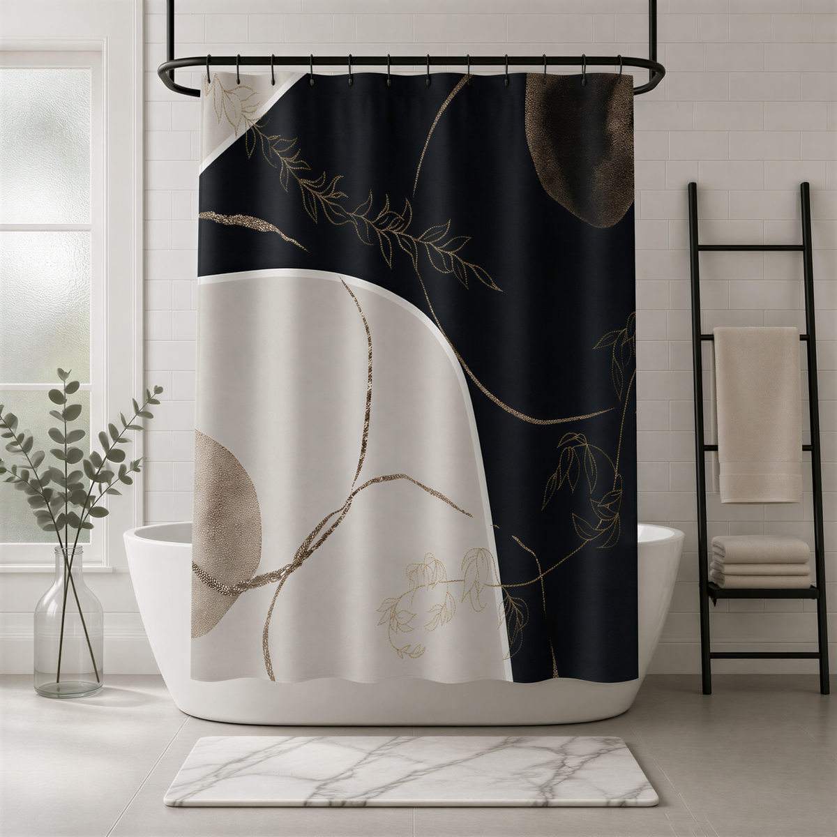 a bathroom with a black and white shower curtain featuring abstract floral designs. The curtain is hanging from a rod above a white bathtub. The bathroom also includes a towel rack and a potted plant, creating a modern and stylish atmosphere.
