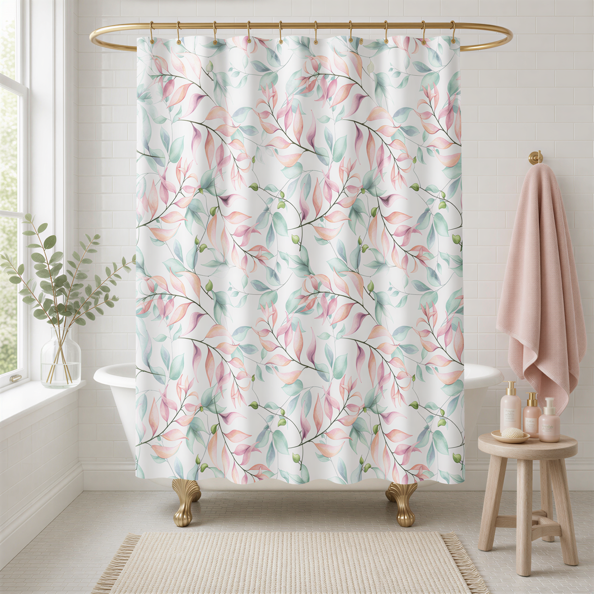 a bathroom with a white bathtub, a shower curtain with a floral pattern, a pink towel, and a small wooden stool.