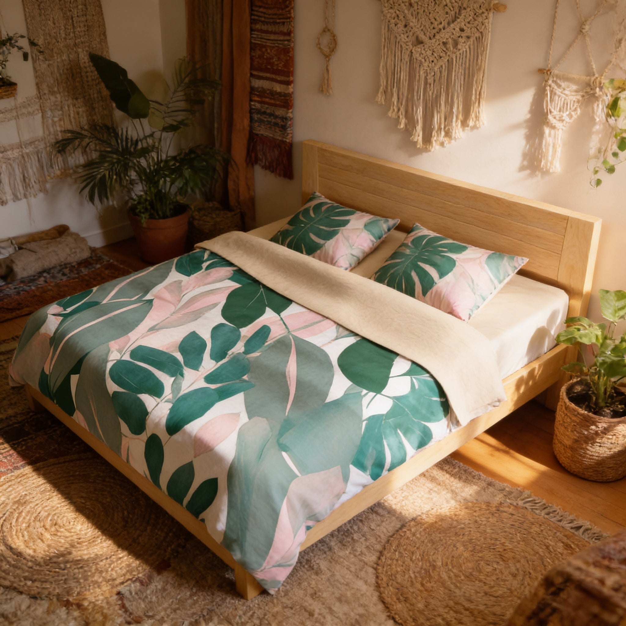 a cozy bedroom with a large bed adorned with a green and white leaf-patterned comforter and pillows. The bed is surrounded by various plants and textiles, creating a warm and inviting atmosphere.