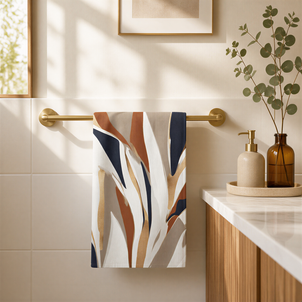 a bathroom with a towel rack holding a towel with a colorful abstract design. The towel is hanging on a white wall, and there is a plant on the counter next to the towel.