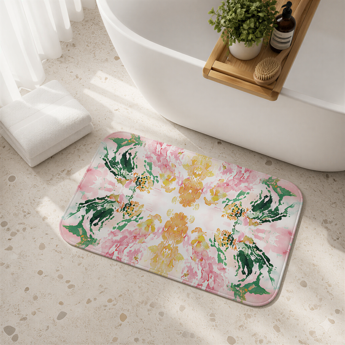a bathroom with a white bathtub, a colorful floral bath mat, and a wooden tray with a plant and a bottle of soap.