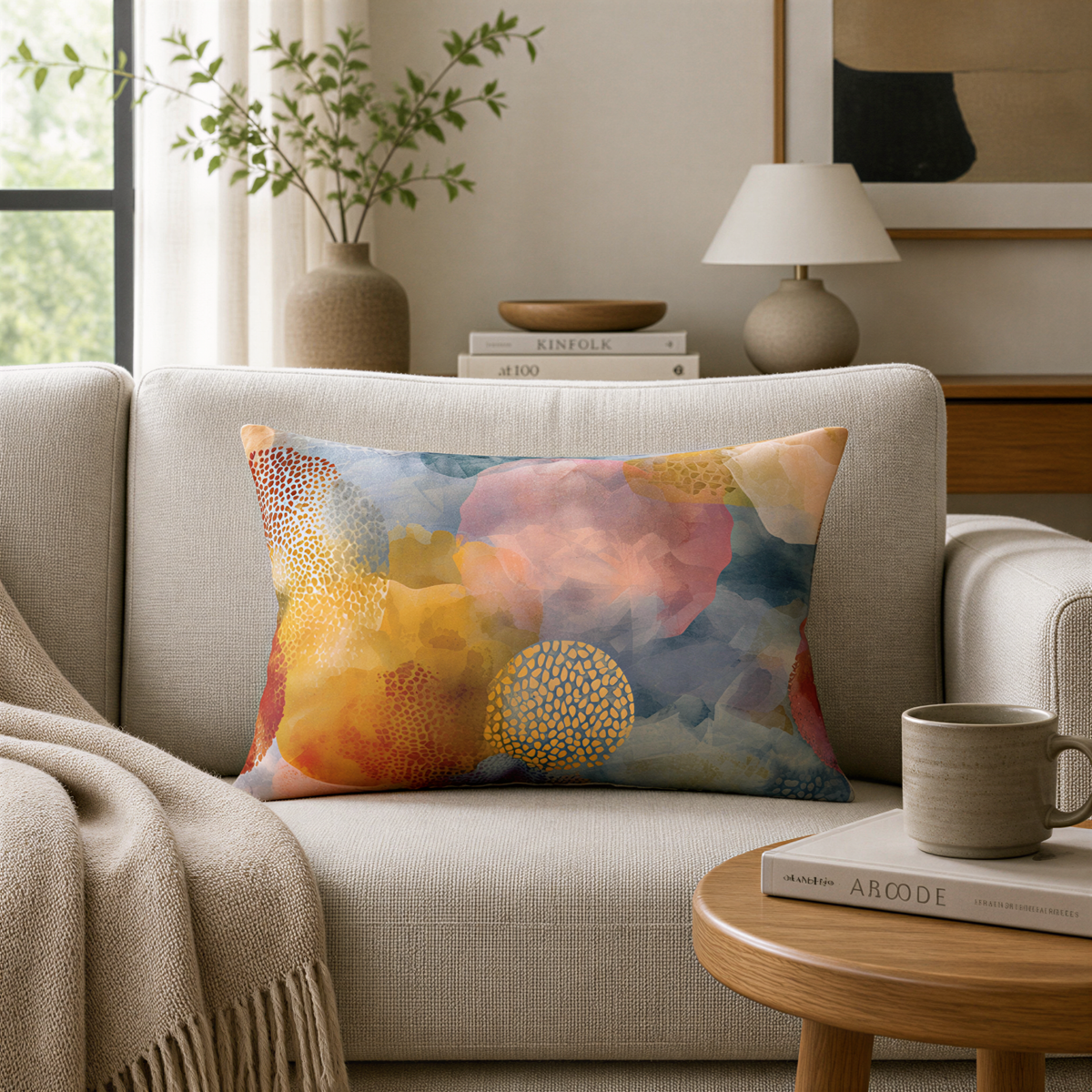 a cozy living room with a beige sofa, a colorful throw pillow, a wooden side table, and a book.