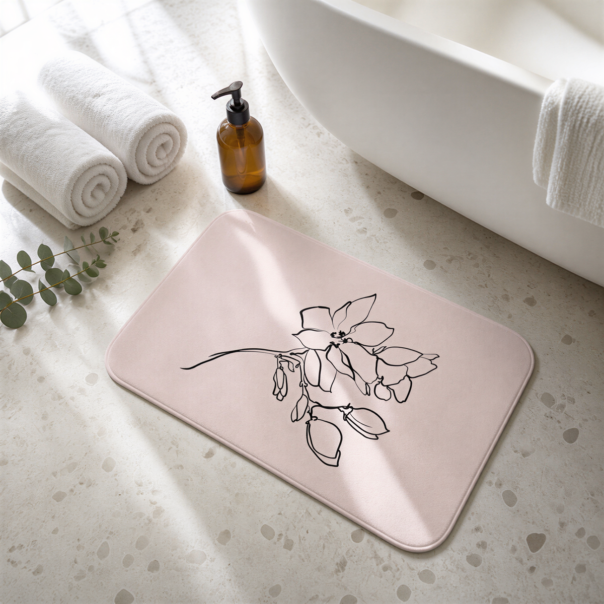 a bathroom scene with a pink bath mat, rolled towels, a bottle of soap, and a white bathtub.