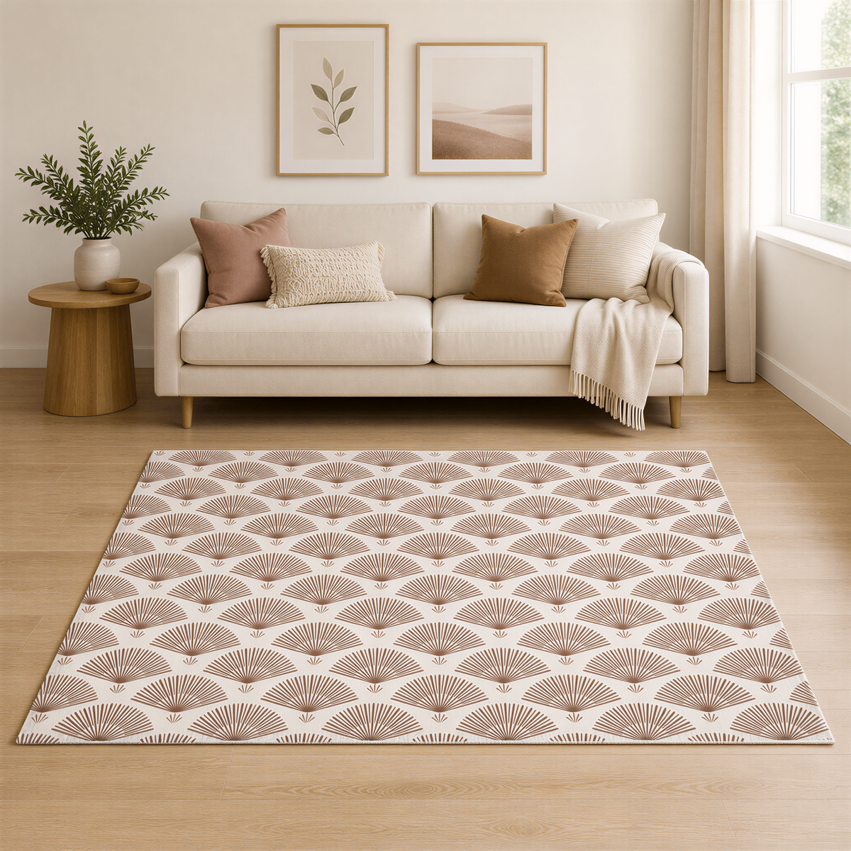 a cozy living room with a beige sofa, a wooden side table, and a large area rug with a repeating brown and white fan pattern. The room is decorated with a potted plant, a framed picture, and a large window that allows natural light to fill the space.