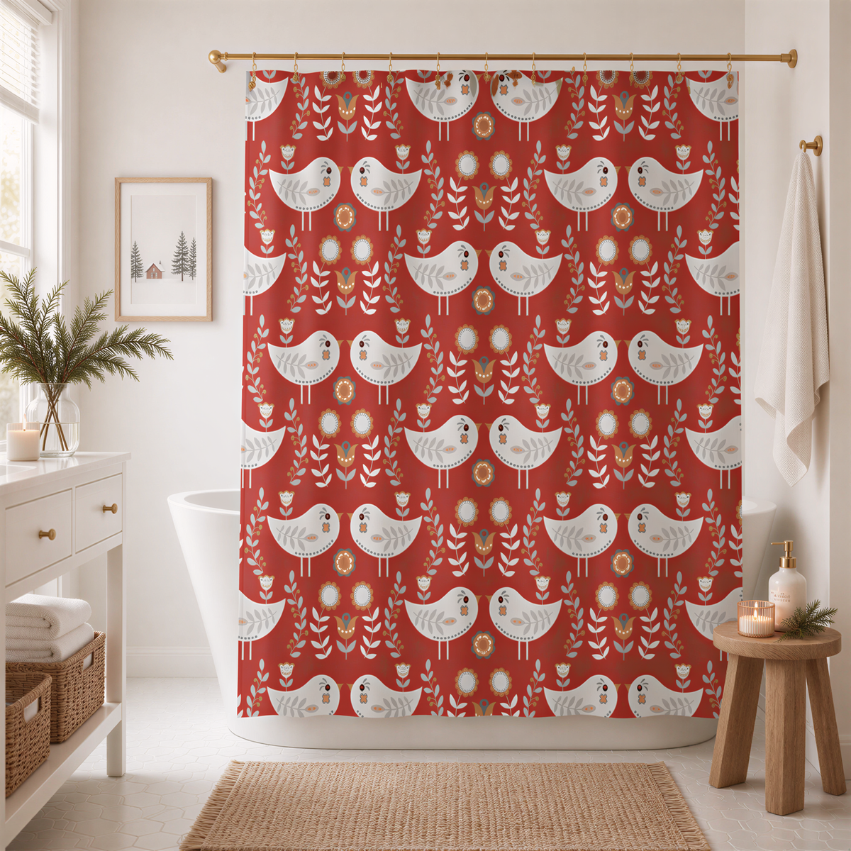 a bathroom with a red shower curtain adorned with a repeating pattern of white birds and flowers. The shower curtain is hanging from a rod, and there is a small table with a vase and candles placed next to it. The bathroom also includes a white sink and a wooden stool.