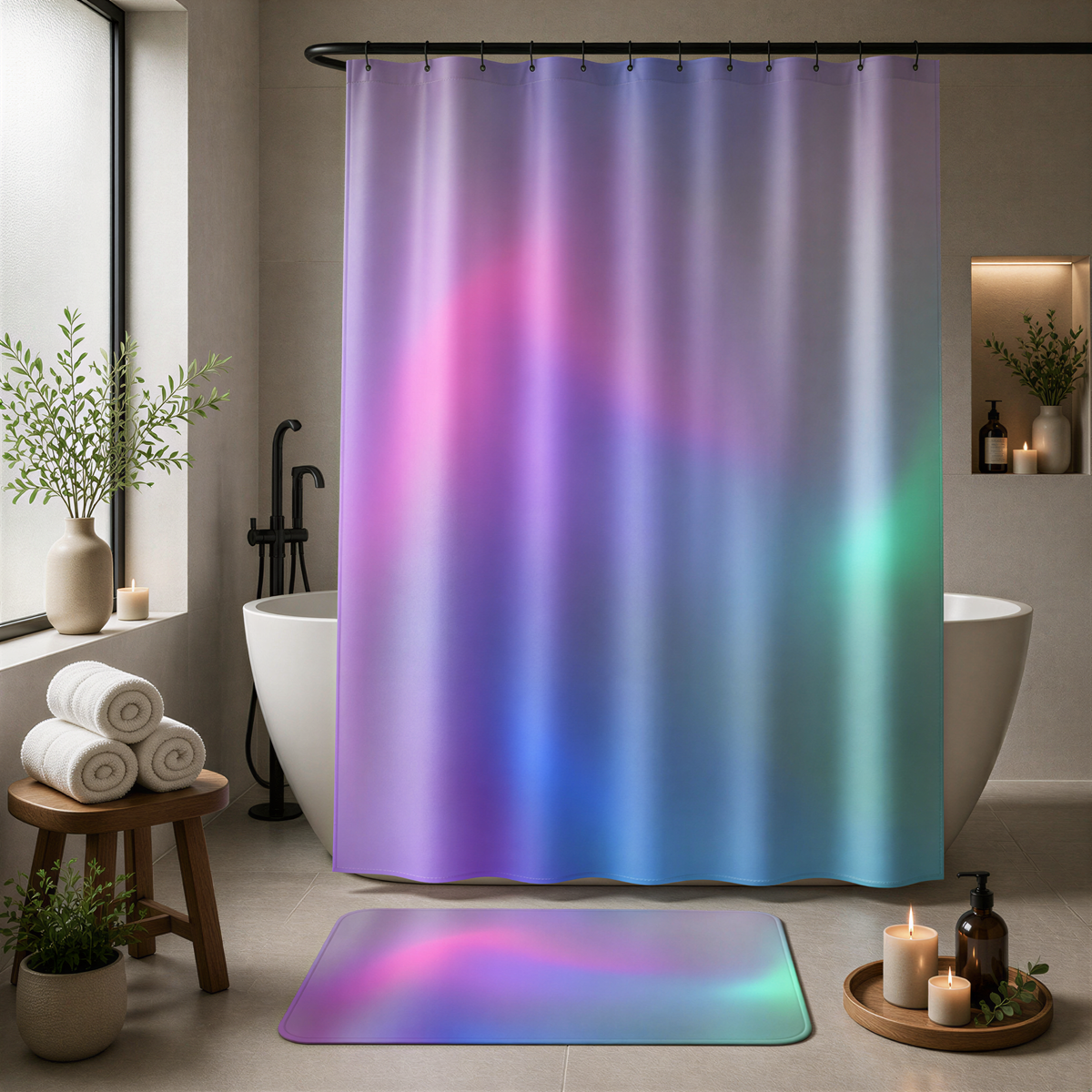 a bathroom with a shower curtain featuring a gradient of purple and blue colors. The bathroom is well-decorated with potted plants, candles, and a wooden stool.