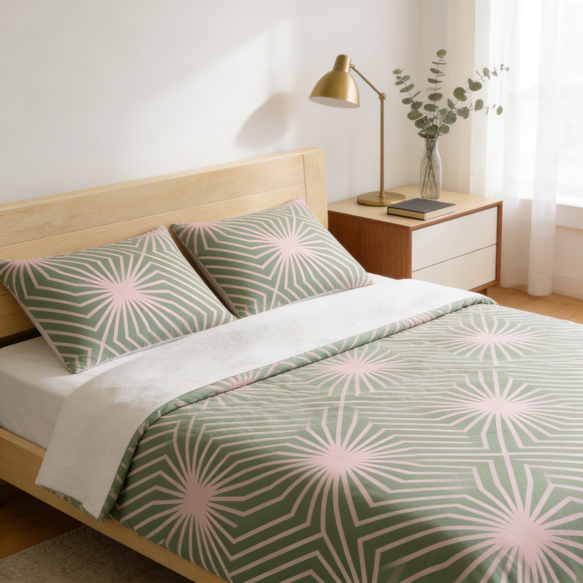 a bedroom with a bed, a nightstand, and a lamp. The bed has a green and white geometric patterned comforter and matching pillows. The nightstand has a gold lamp and a vase with greenery.