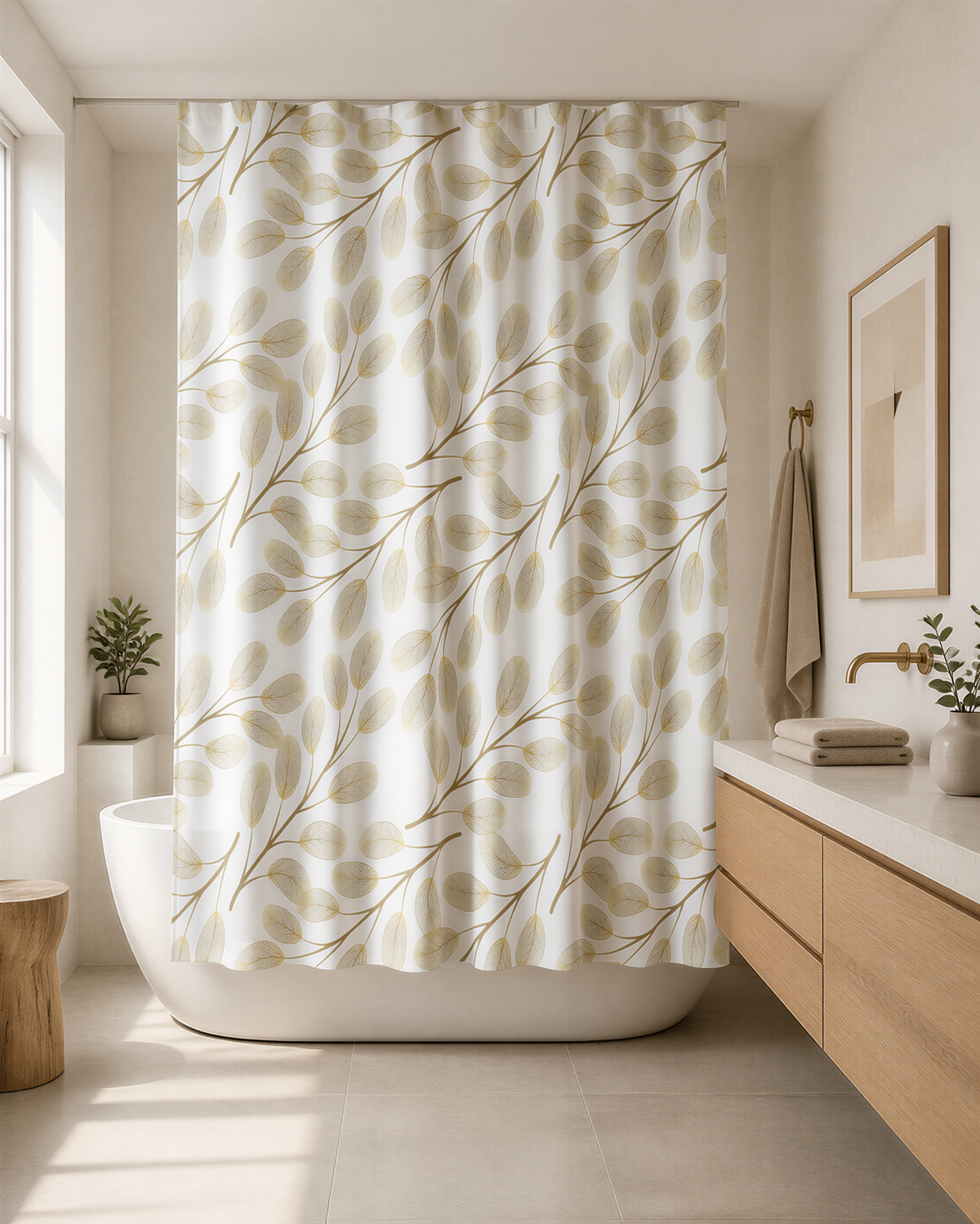 a modern bathroom with a white bathtub, a shower curtain with a leaf pattern, and a wooden vanity with a sink.