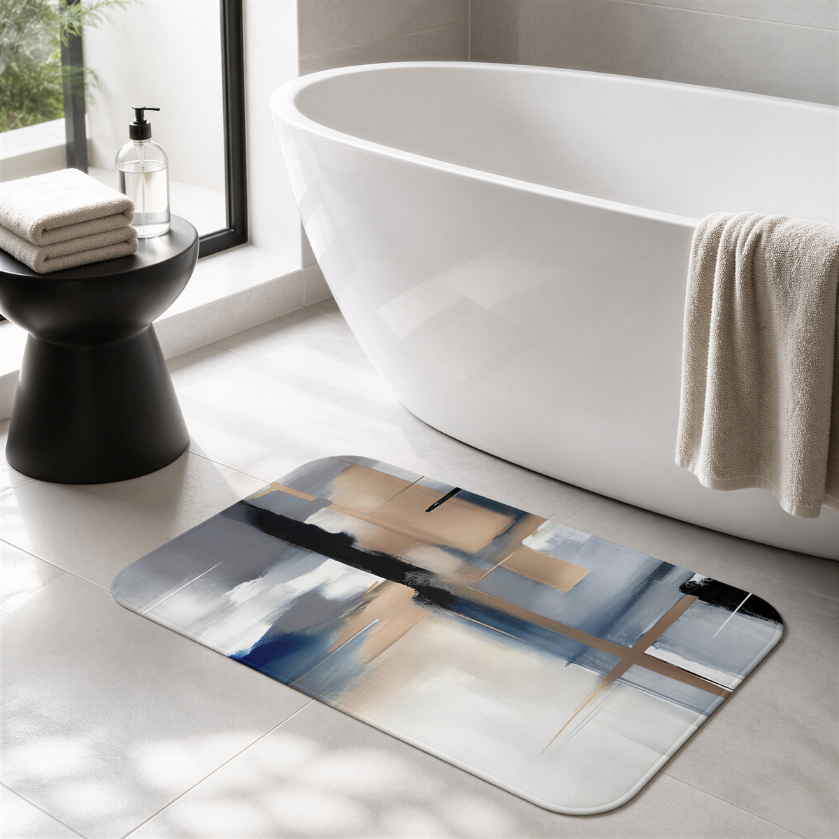 a modern bathroom with a white freestanding bathtub, a black stool, and a colorful abstract bath mat on the floor.