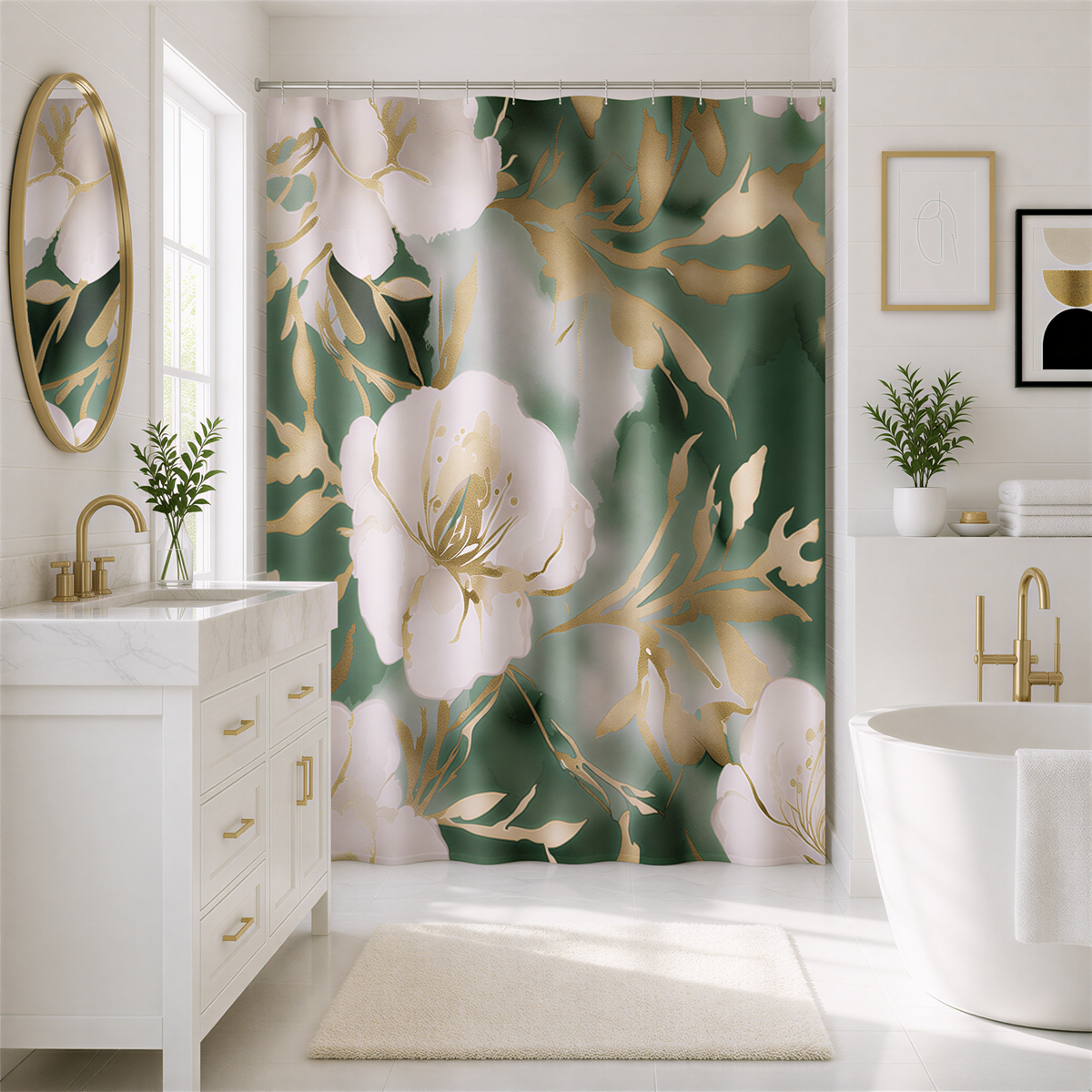 a luxurious bathroom with a large floral shower curtain featuring white and green flowers. The bathroom is well-decorated with gold accents, including a gold faucet and a gold mirror. The room is also adorned with potted plants and other decorative elements, creating a serene and elegant atmosphere.