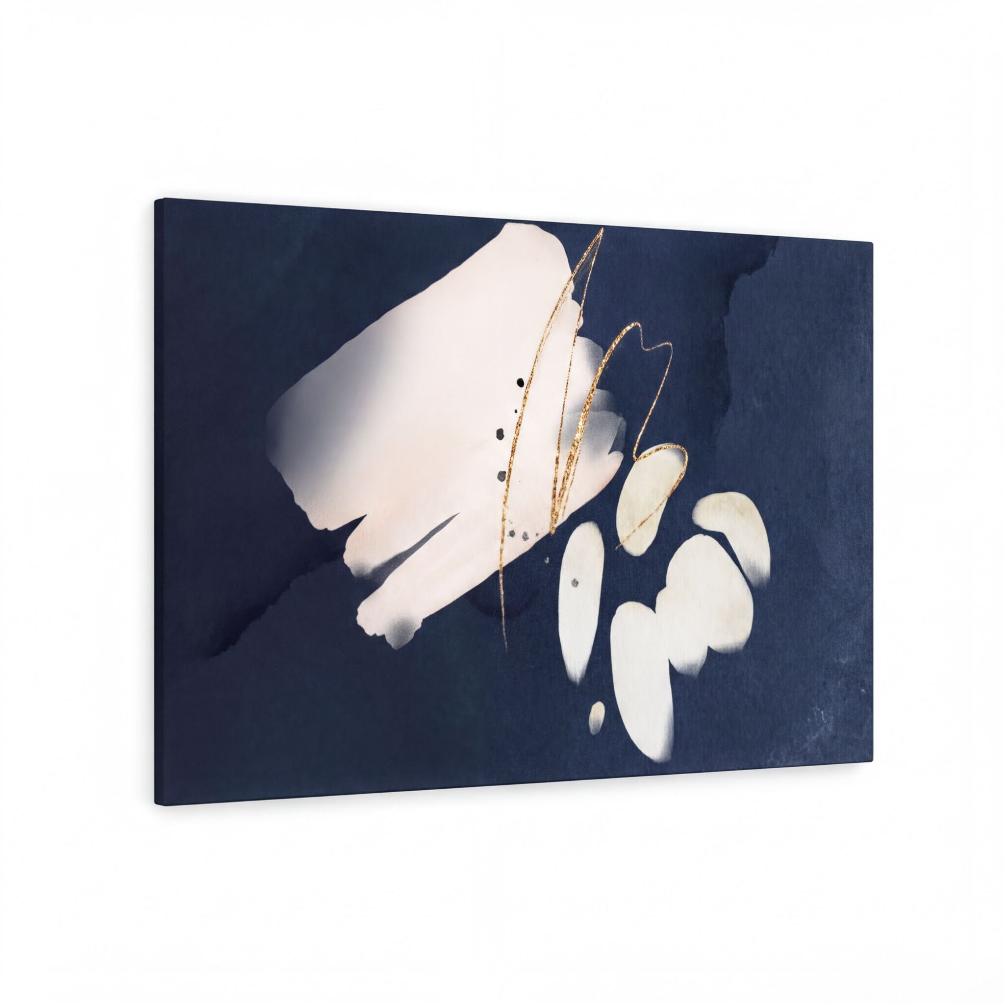 Navy blue, cream and white abstract wall canvas art styled with neutral decor