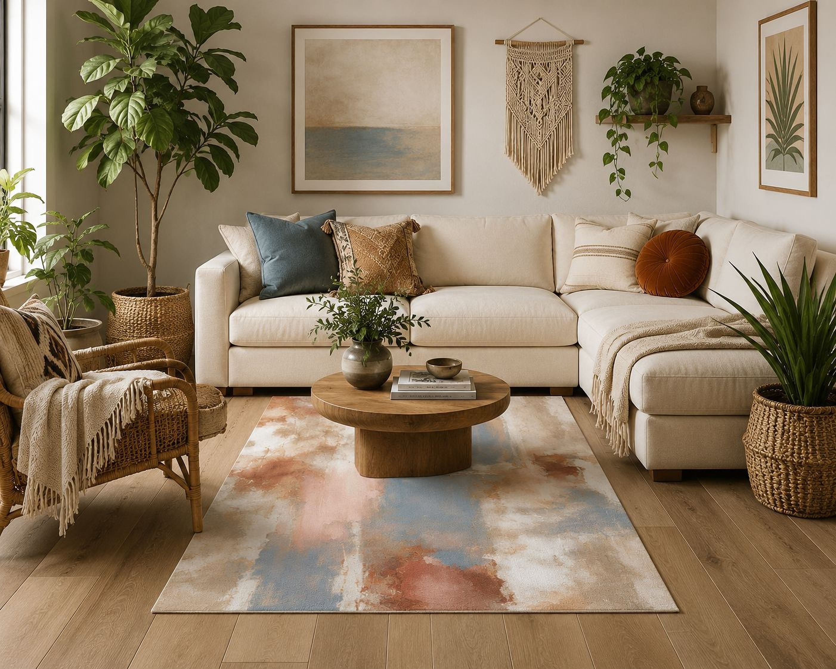 a cozy and inviting living room with a large sectional sofa, a wooden coffee table, and various decorative elements such as plants, books, and a woven basket.