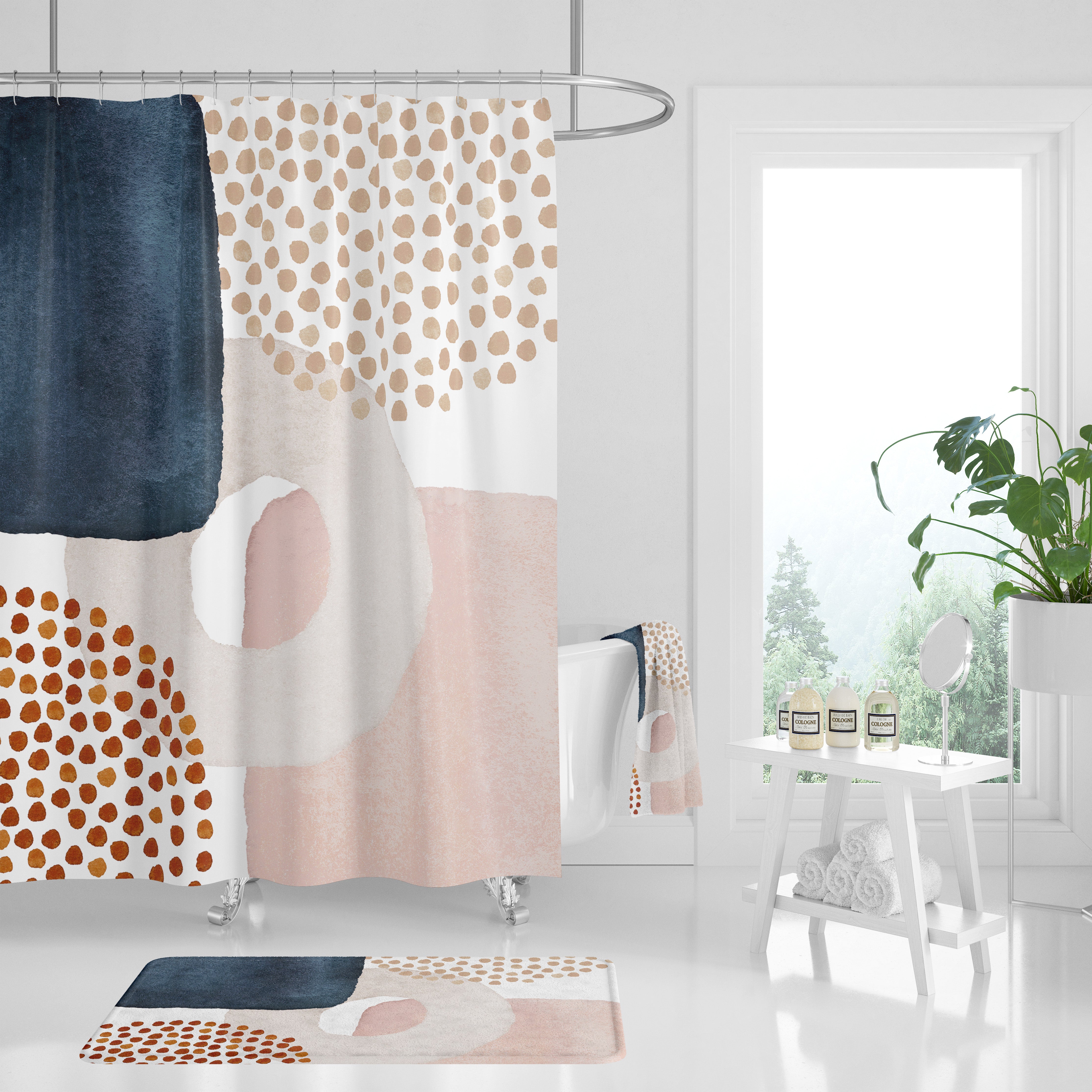 a bathroom with a shower curtain, rugs and a potted plant