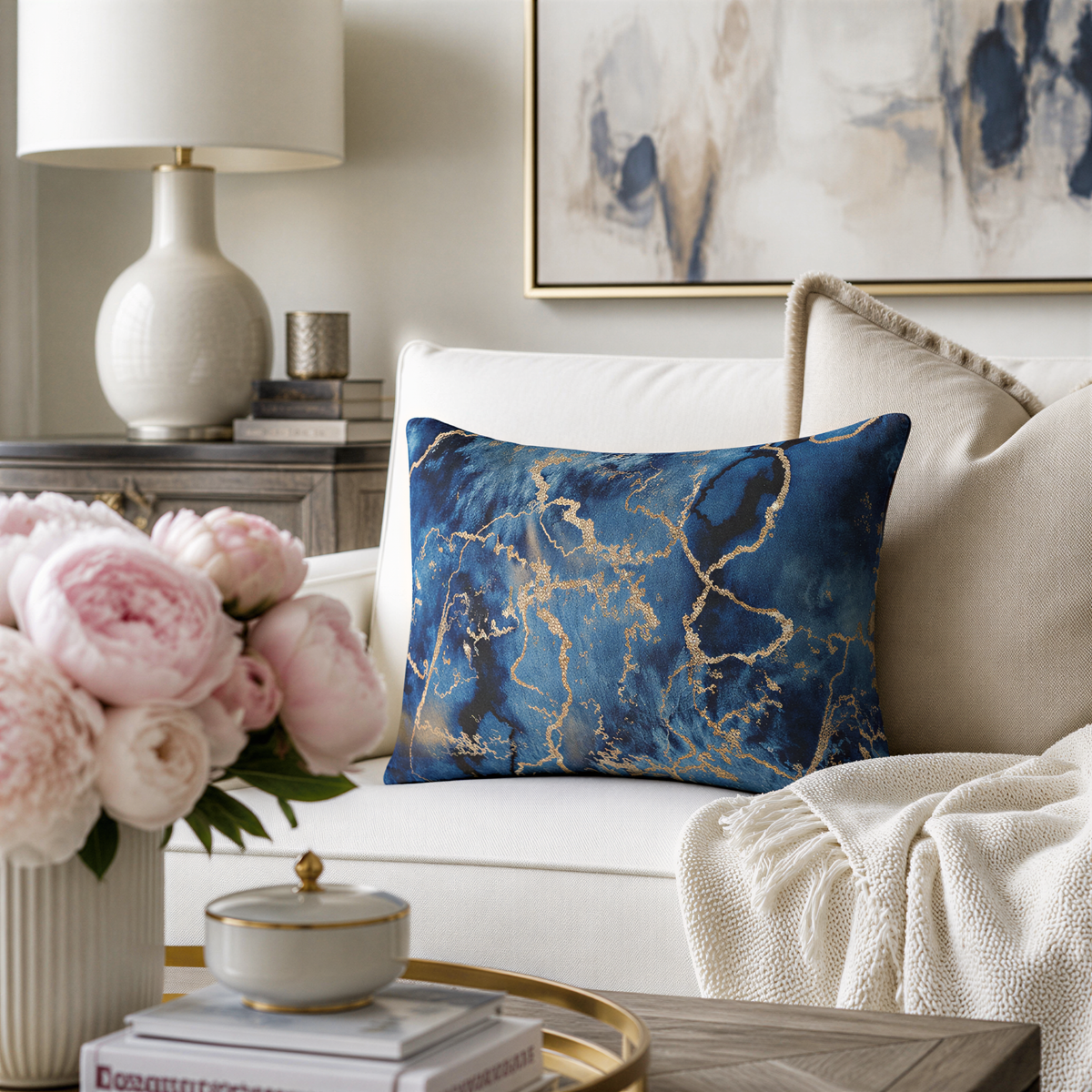 a living room with a white sofa, a blue and gold throw pillow, a lamp, a vase of pink peonies, and a framed abstract painting on the wall.