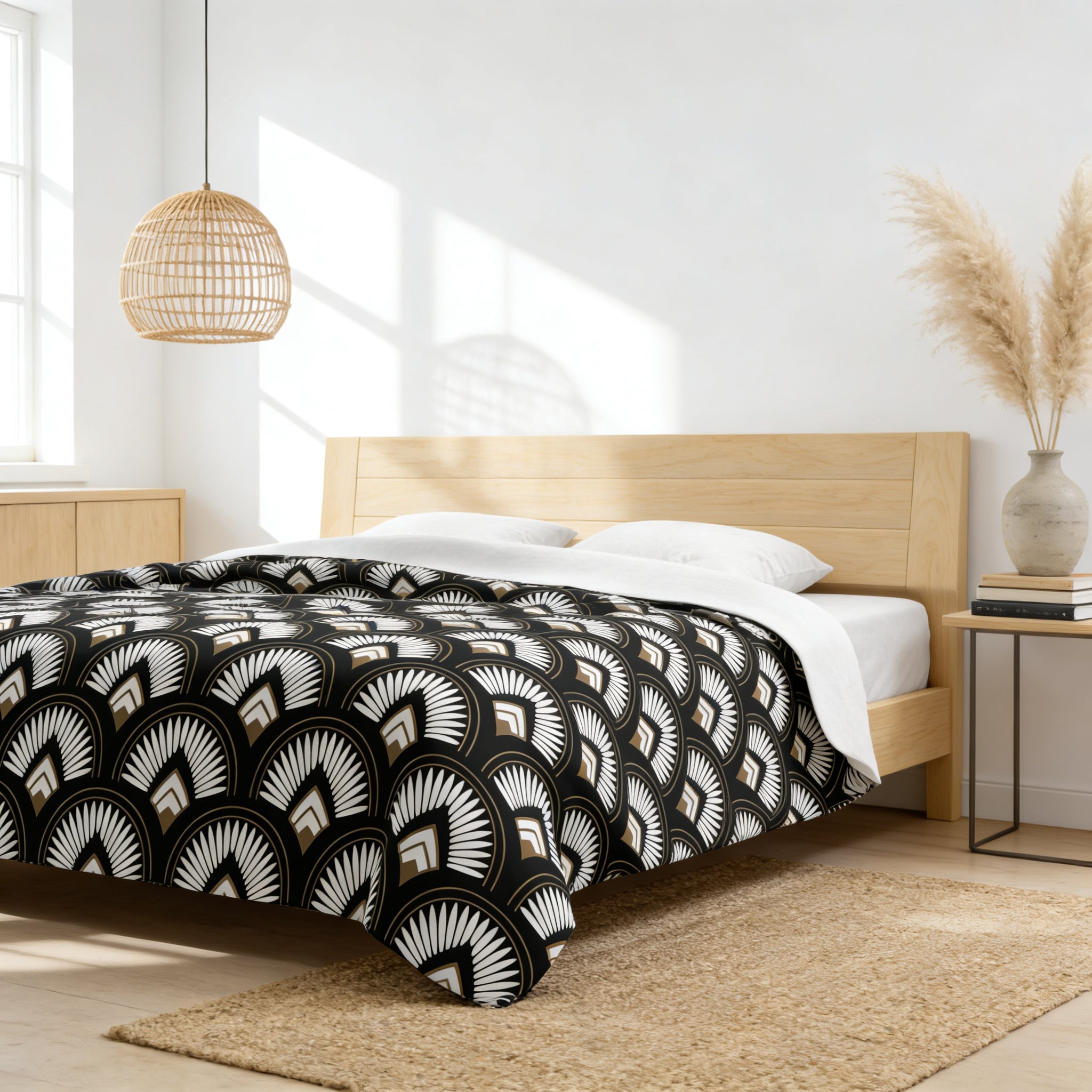a modern bedroom with a wooden headboard and a black and white patterned comforter on the bed. The room has a minimalist and clean design, with a woven light fixture hanging above the bed and a beige rug on the floor.