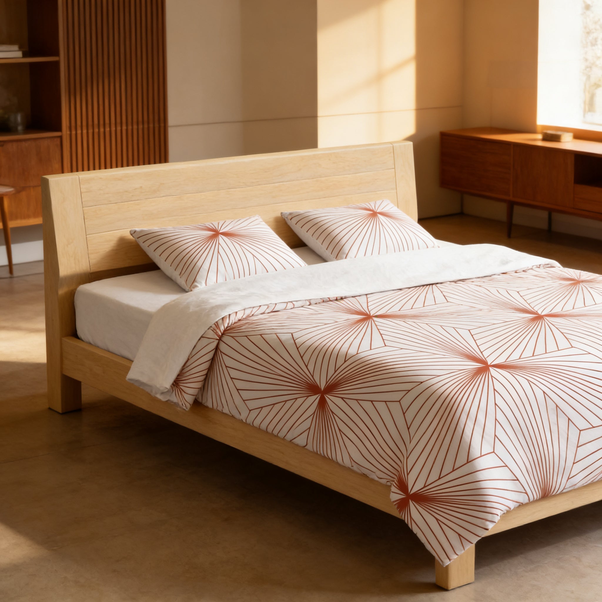 a modern bedroom with a wooden bed frame and a white and red geometric patterned bedding set.
