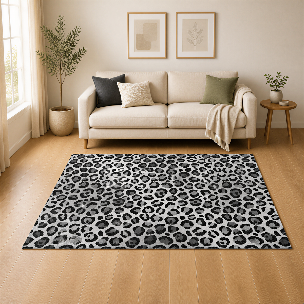 a living room with a beige sofa, a leopard print rug, and two framed pictures on the wall.