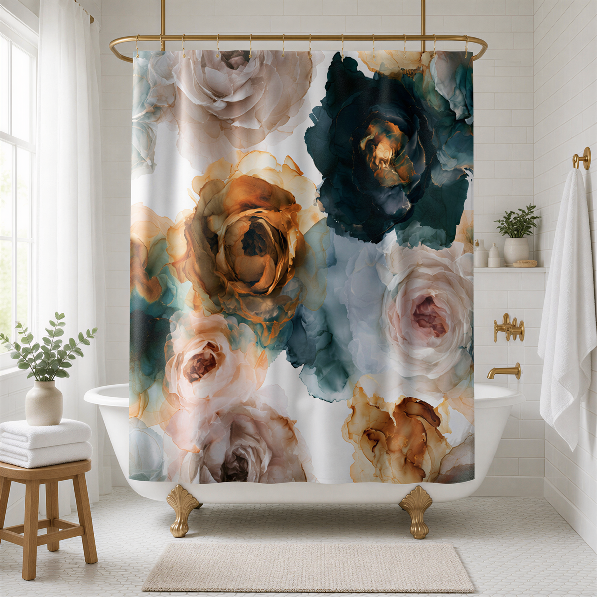 a bathroom with a white bathtub, a shower curtain with a floral print, and a wooden stool.