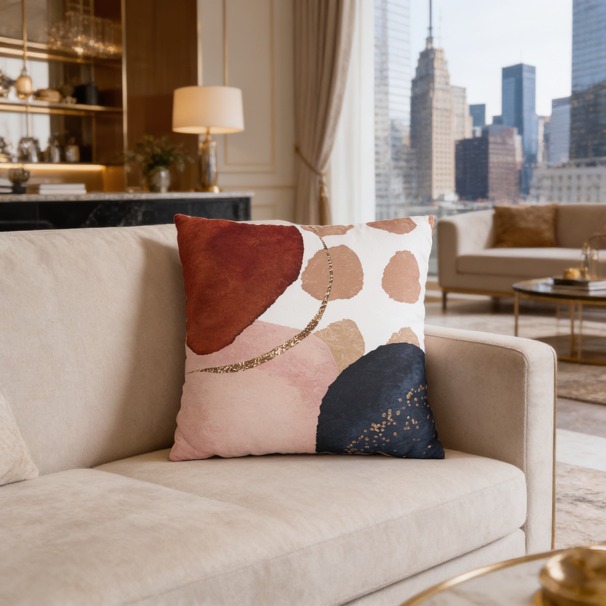 a living room with a beige sofa and a decorative throw pillow with abstract patterns in shades of red, pink, and black. The room has a large window overlooking a city skyline, creating a serene and stylish atmosphere.