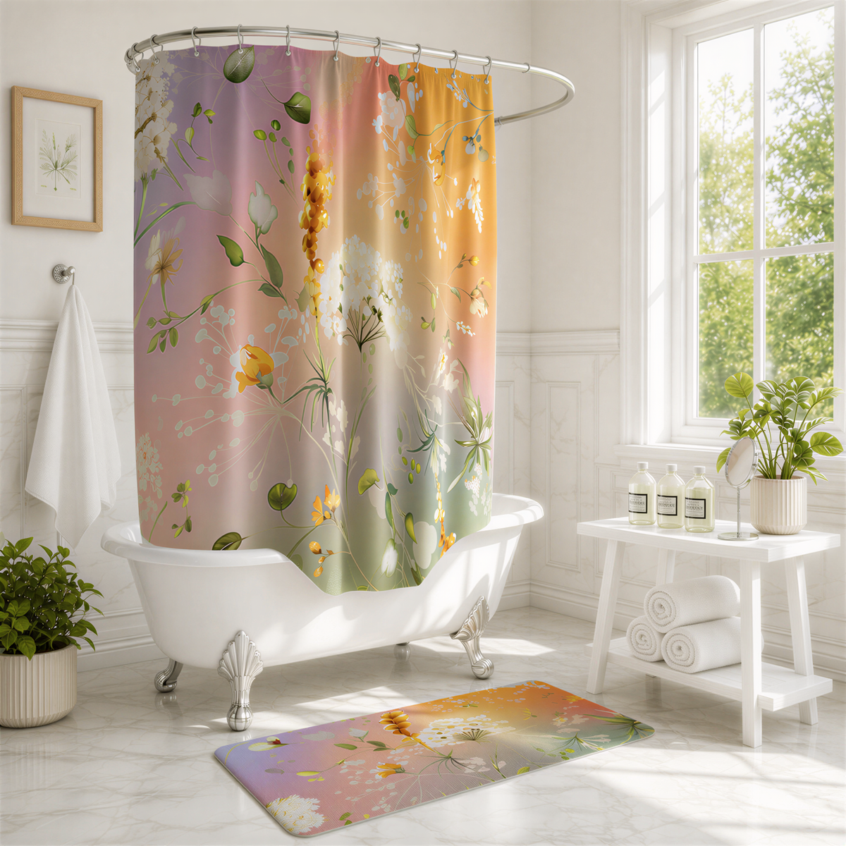 A bathroom with a white clawfoot bathtub, a colorful floral shower curtain, and a small table with bottles of toiletries. The room has a window and potted plants, creating a serene and relaxing atmosphere.