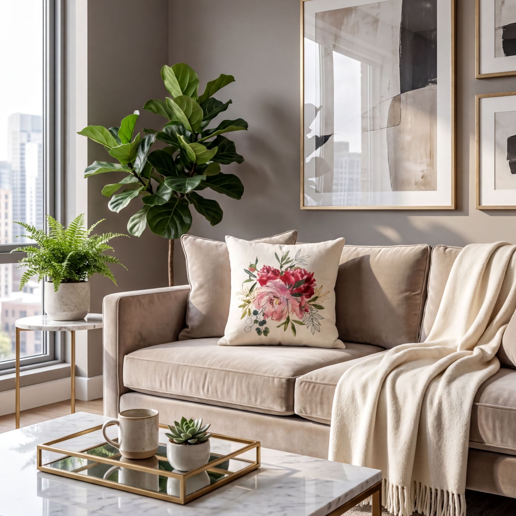 a cozy living room with a beige sofa, a large potted plant, and a framed abstract artwork on the wall. The room is decorated with a marble coffee table, a vase of flowers, and a white throw blanket.