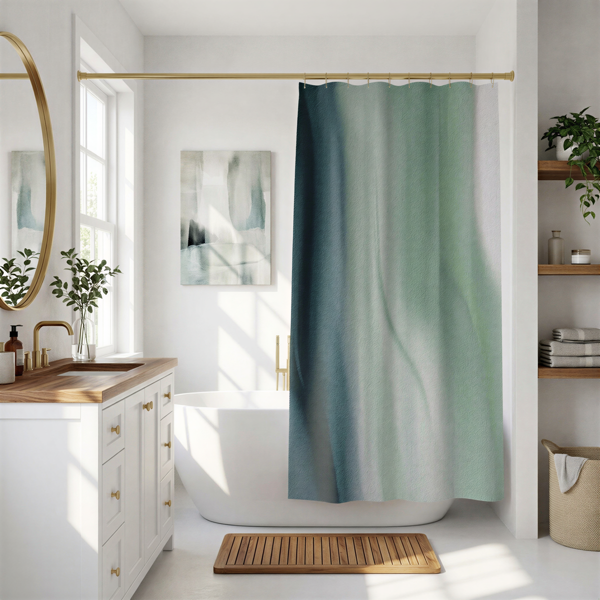 a modern bathroom with a white bathtub, a wooden mat, and a green and blue gradient shower curtain.