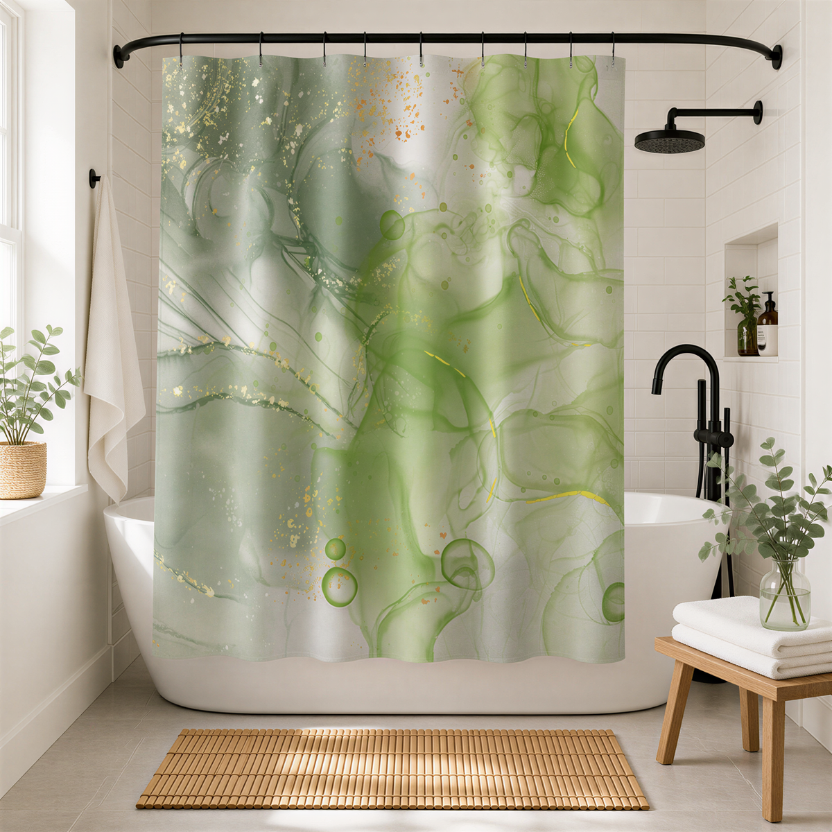 a bathroom with a white bathtub, a shower curtain with a green and white abstract design, and various plants and decor elements.