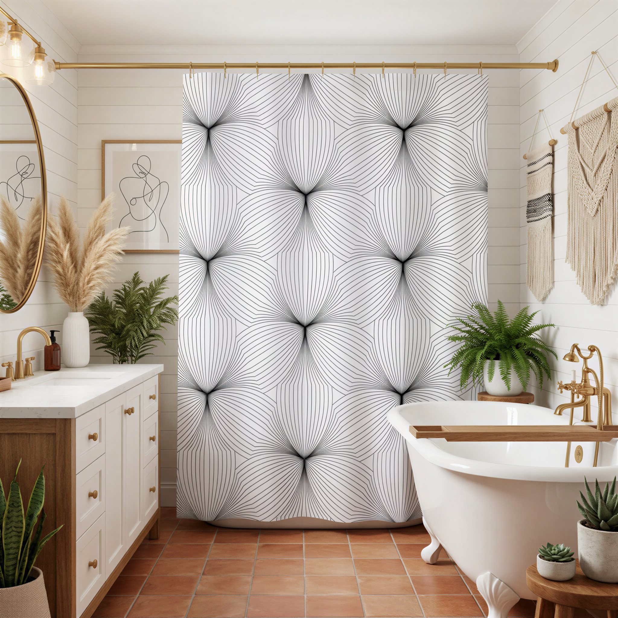 a modern bathroom with a white freestanding bathtub, a white vanity with a sink, a large abstract patterned shower curtain, and various decorative elements such as plants and wall hangings.