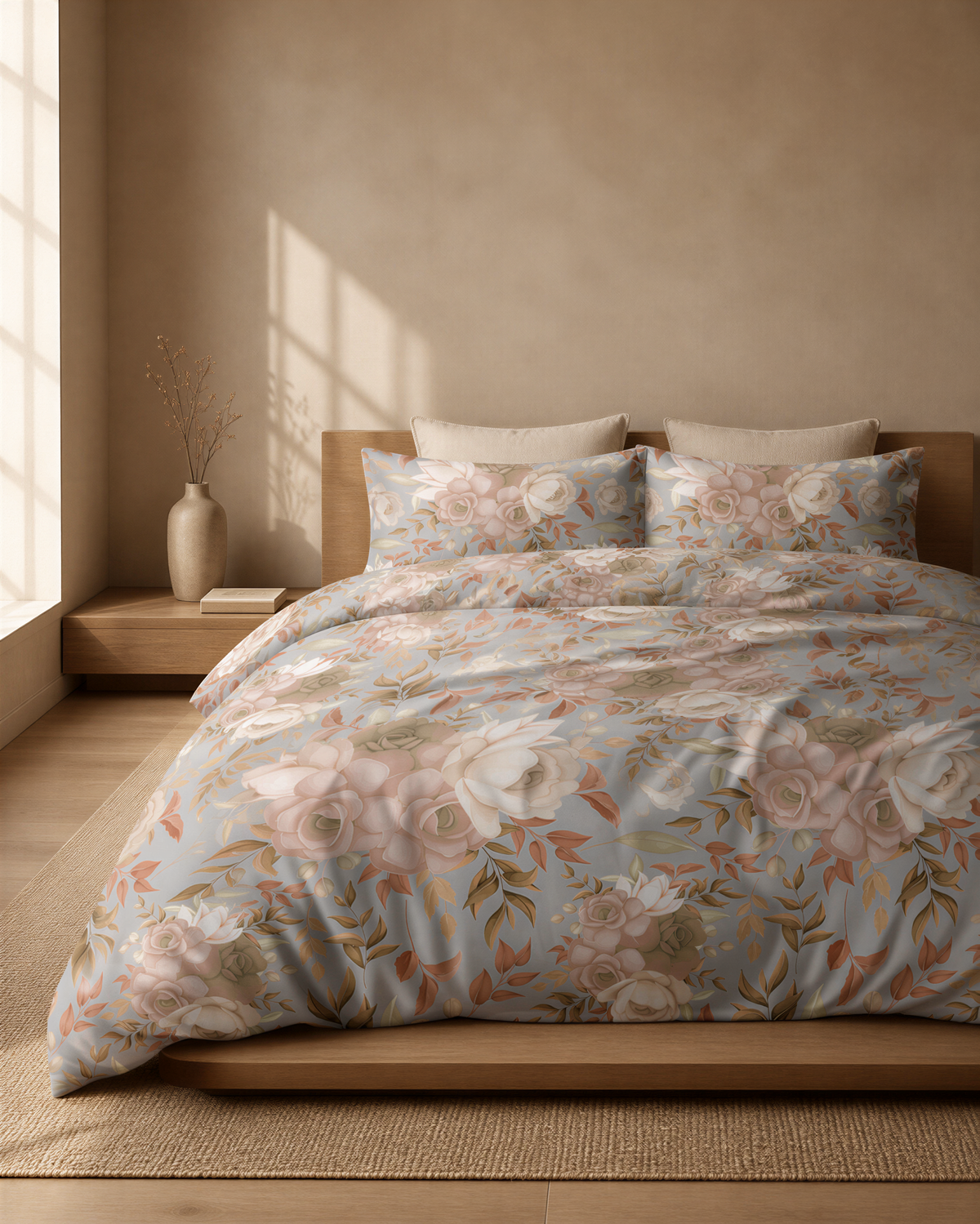 a serene and cozy bedroom scene, featuring a large bed with a floral comforter and pillows, a wooden headboard, and a small side table with a vase of branches.