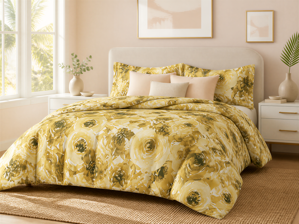 a bedroom with a large bed covered in a yellow and green floral comforter. The bed is flanked by two nightstands, each with a vase of flowers. The room has a window that allows natural light to enter, and there are framed pictures on the wall. The overall color scheme of the room is predominantly yellow and green, creating a warm and inviting atmosphere.
