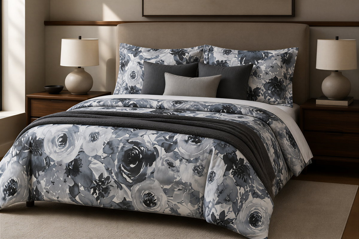 a well-made bed with a floral comforter and pillows, flanked by two lamps on nightstands.