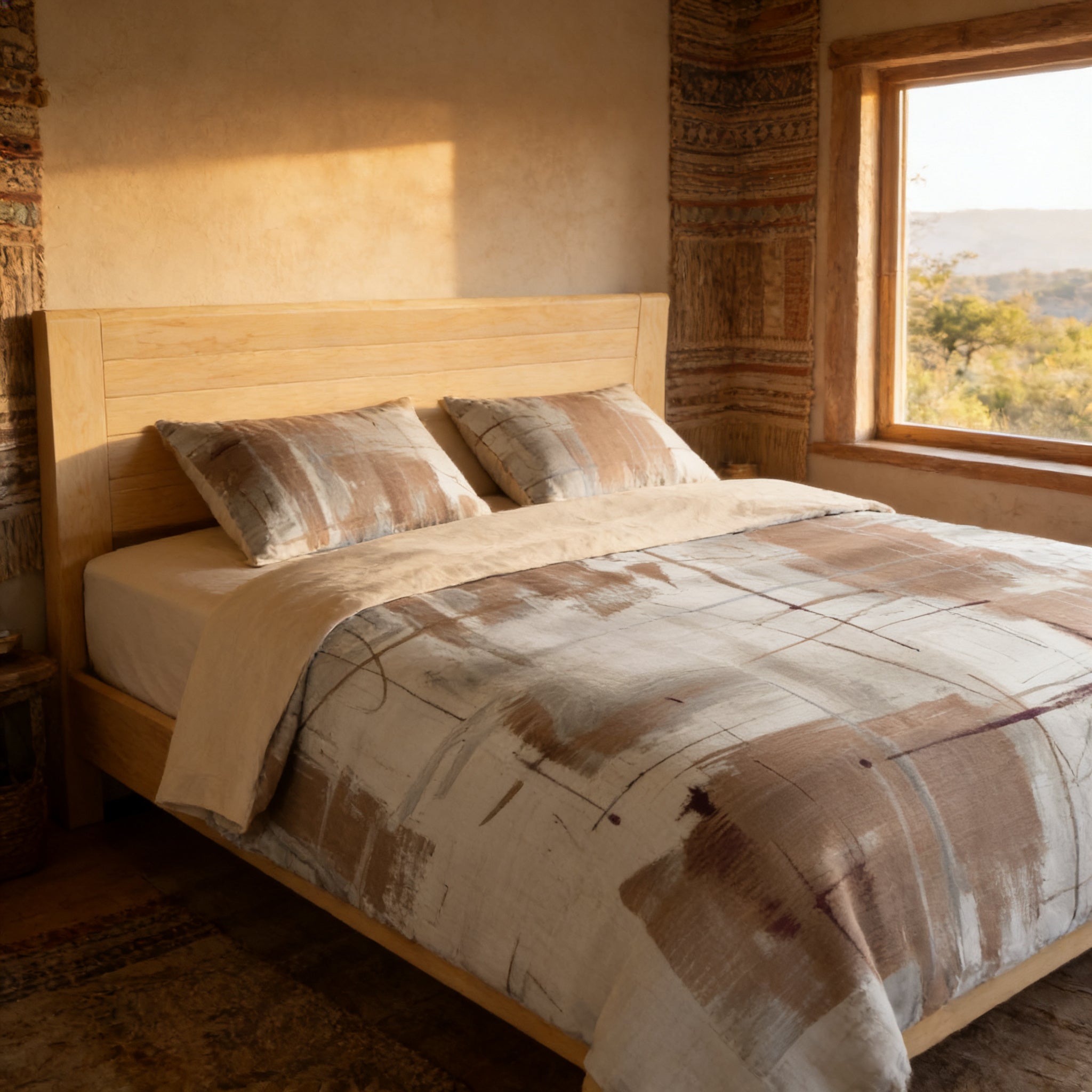 a cozy bedroom with a wooden bed frame, a patterned comforter, and a window overlooking a scenic outdoor view.