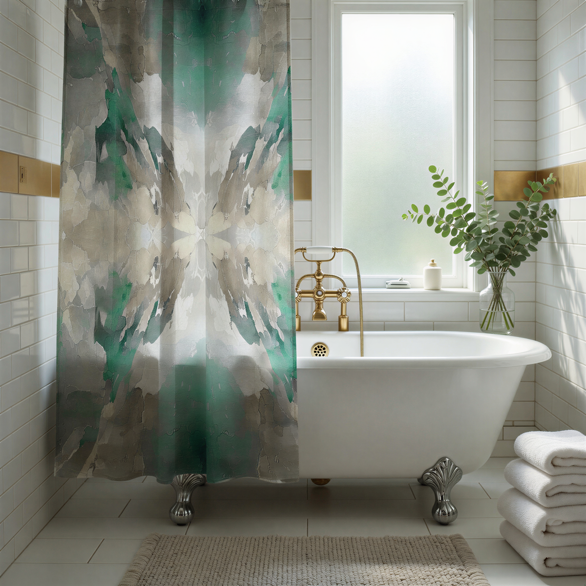 A modern bathroom with a white clawfoot bathtub, a green and white abstract patterned shower curtain, and a window with a plant on the sill.
