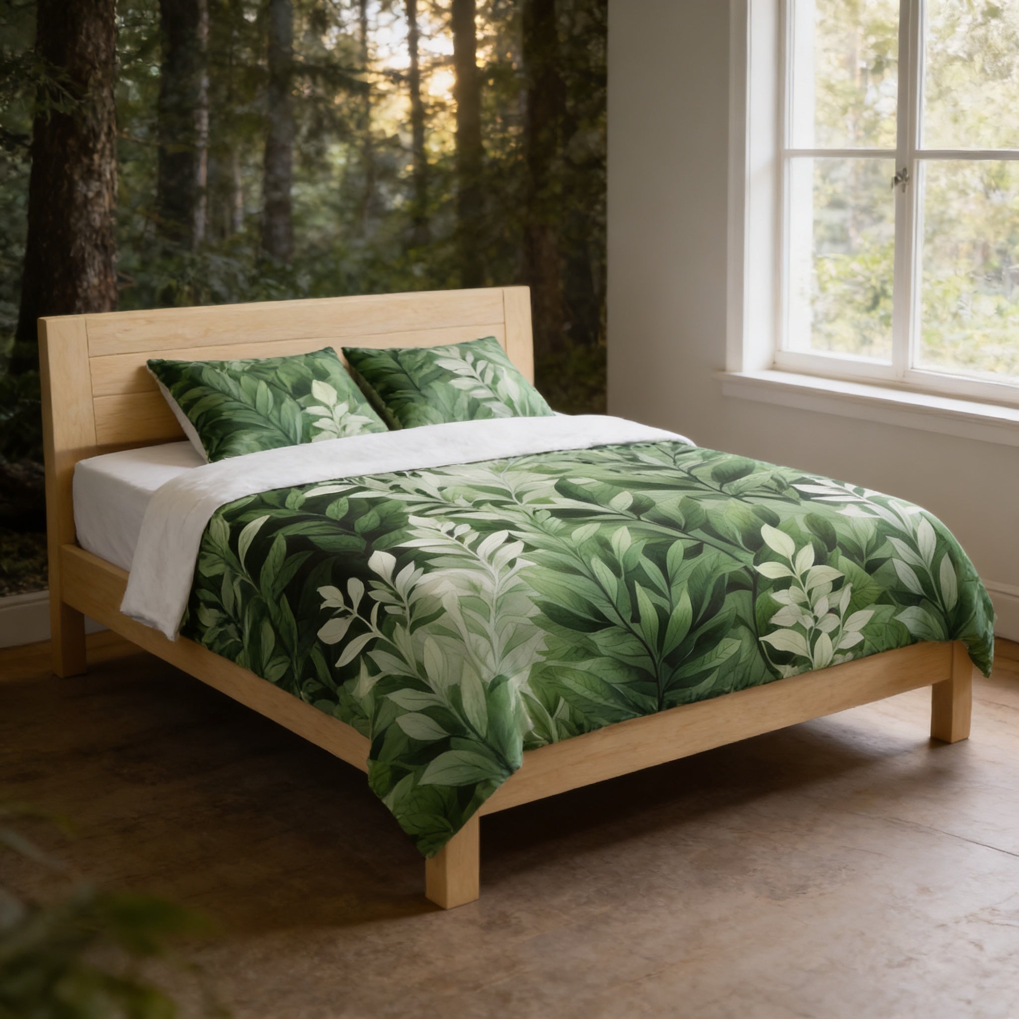 a bed with a green leafy patterned comforter and pillows, set against a backdrop of a forest.