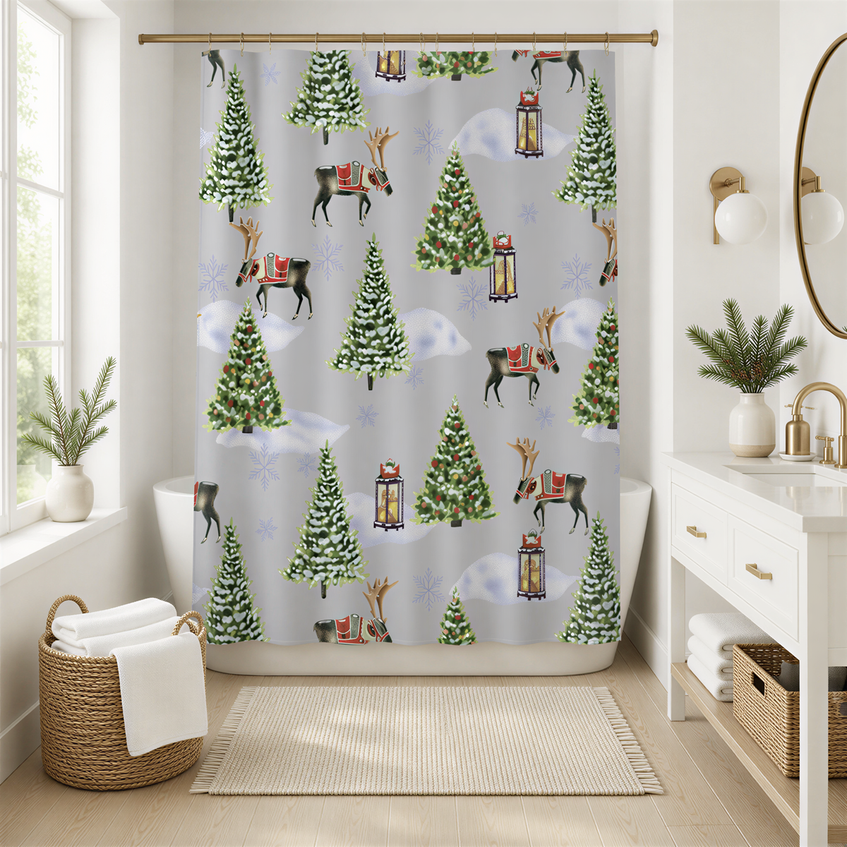 a bathroom decorated for Christmas, with a shower curtain featuring a winter forest scene.