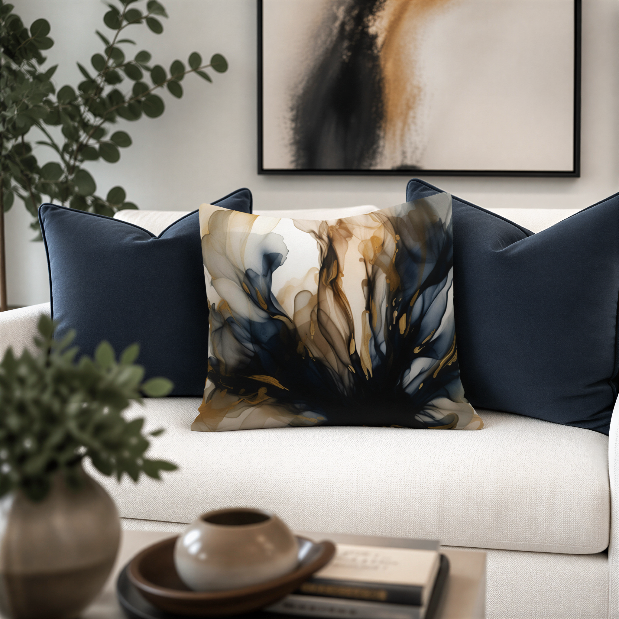 a living room with a white sofa adorned with blue and gold throw pillows. In front of the sofa, there is a coffee table with a vase of greenery and a stack of books. The background includes a painting and a plant, creating a cozy and inviting atmosphere.