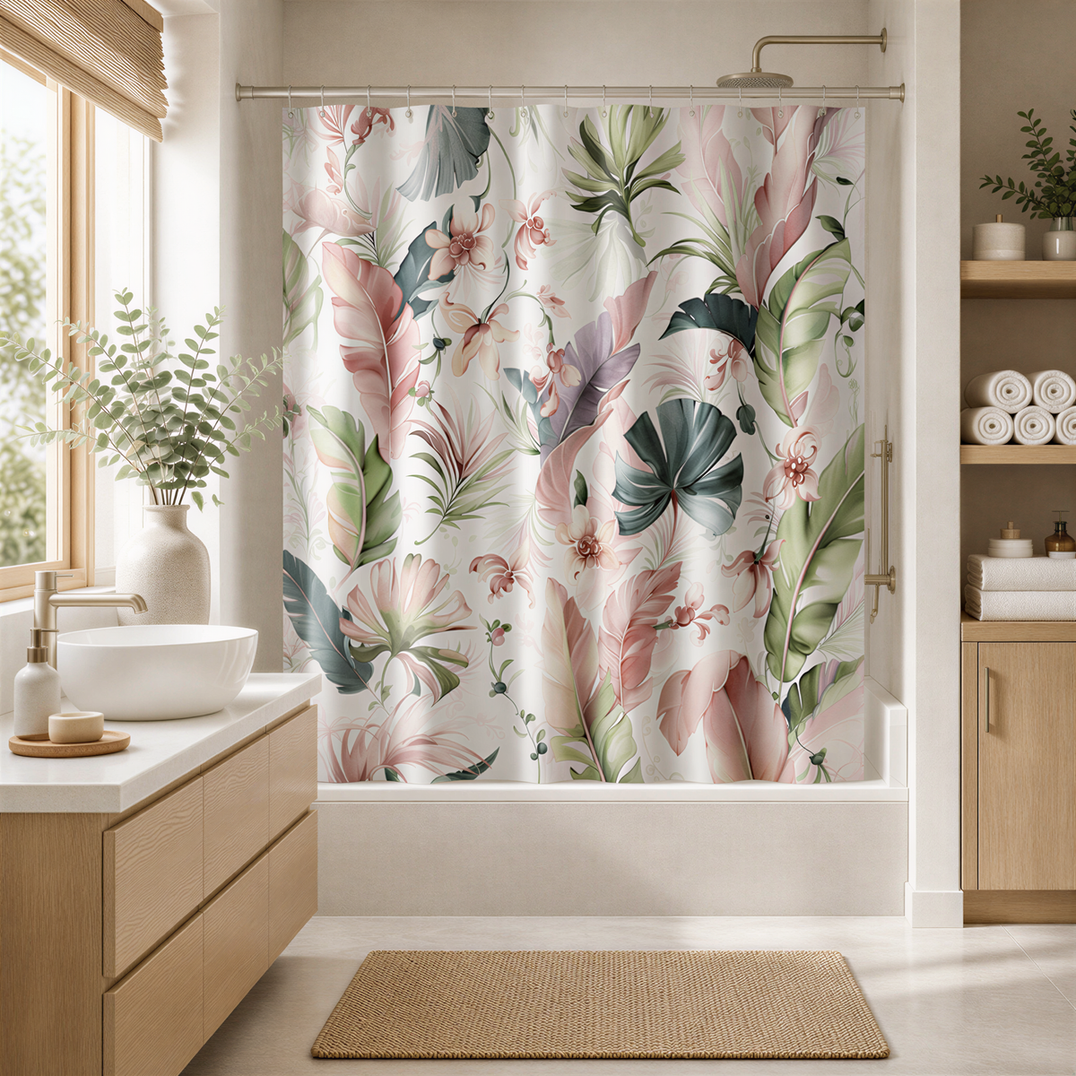 a bathroom with a large window, a white sink, a bathtub with a colorful shower curtain featuring tropical plants, and a wooden vanity.