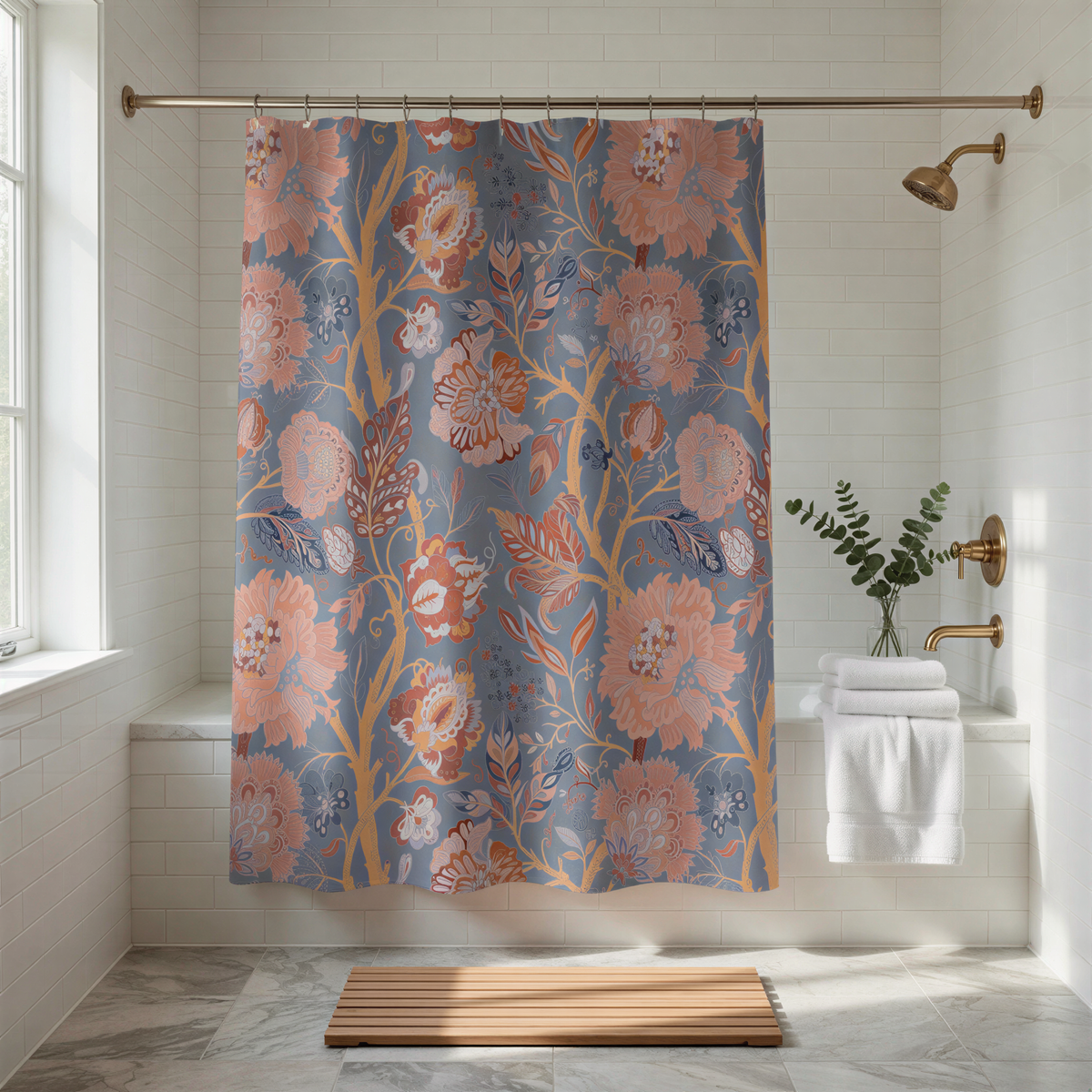 a bathroom with a shower curtain adorned with a floral pattern in shades of blue and orange. The shower curtain is hanging from a rod, and there is a wooden mat in front of the shower. The bathroom also includes a white sink and a gold faucet, as well as a small plant on the windowsill.