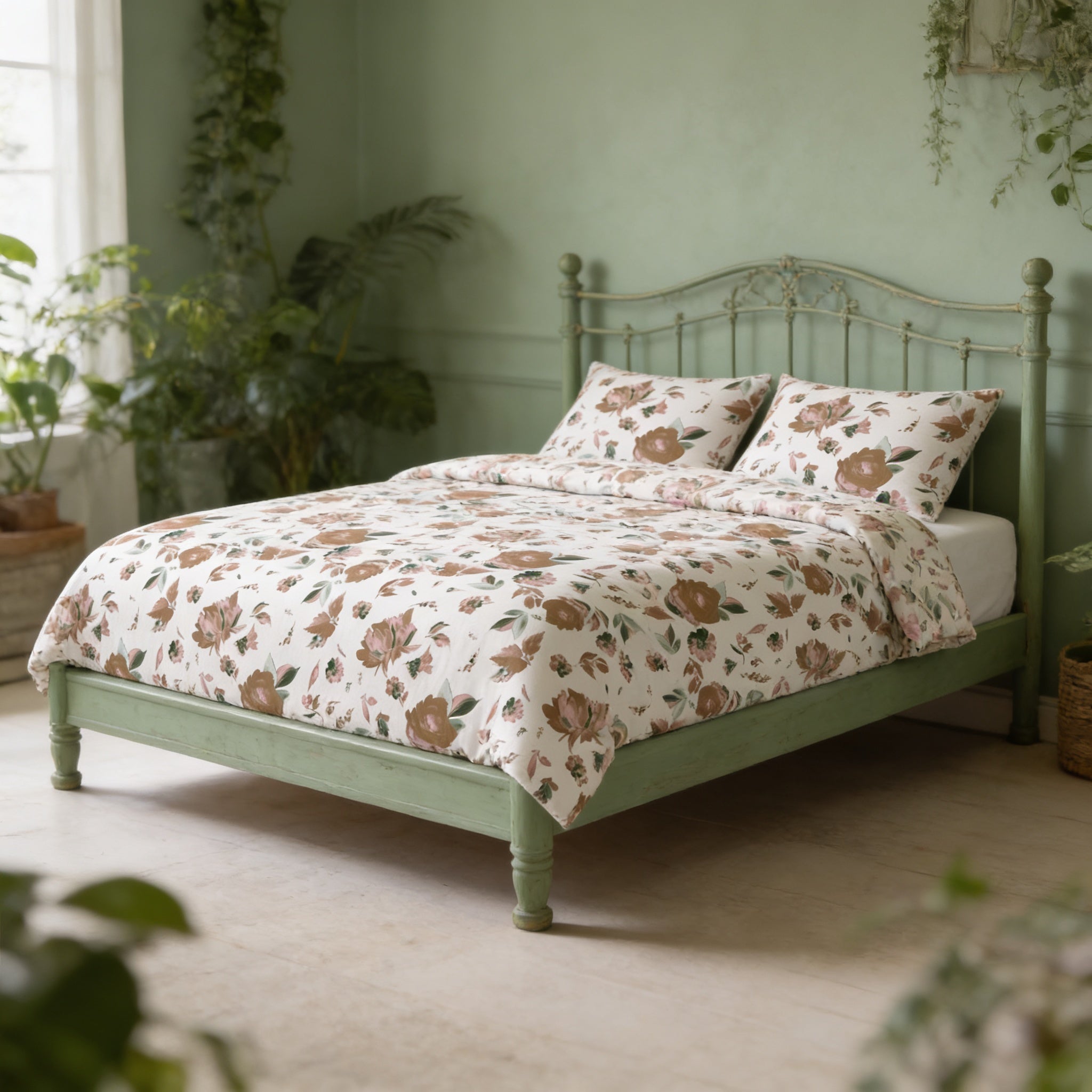 A cozy bedroom with a bed covered in a floral comforter and pillows, set against a green wall with a window and plants.