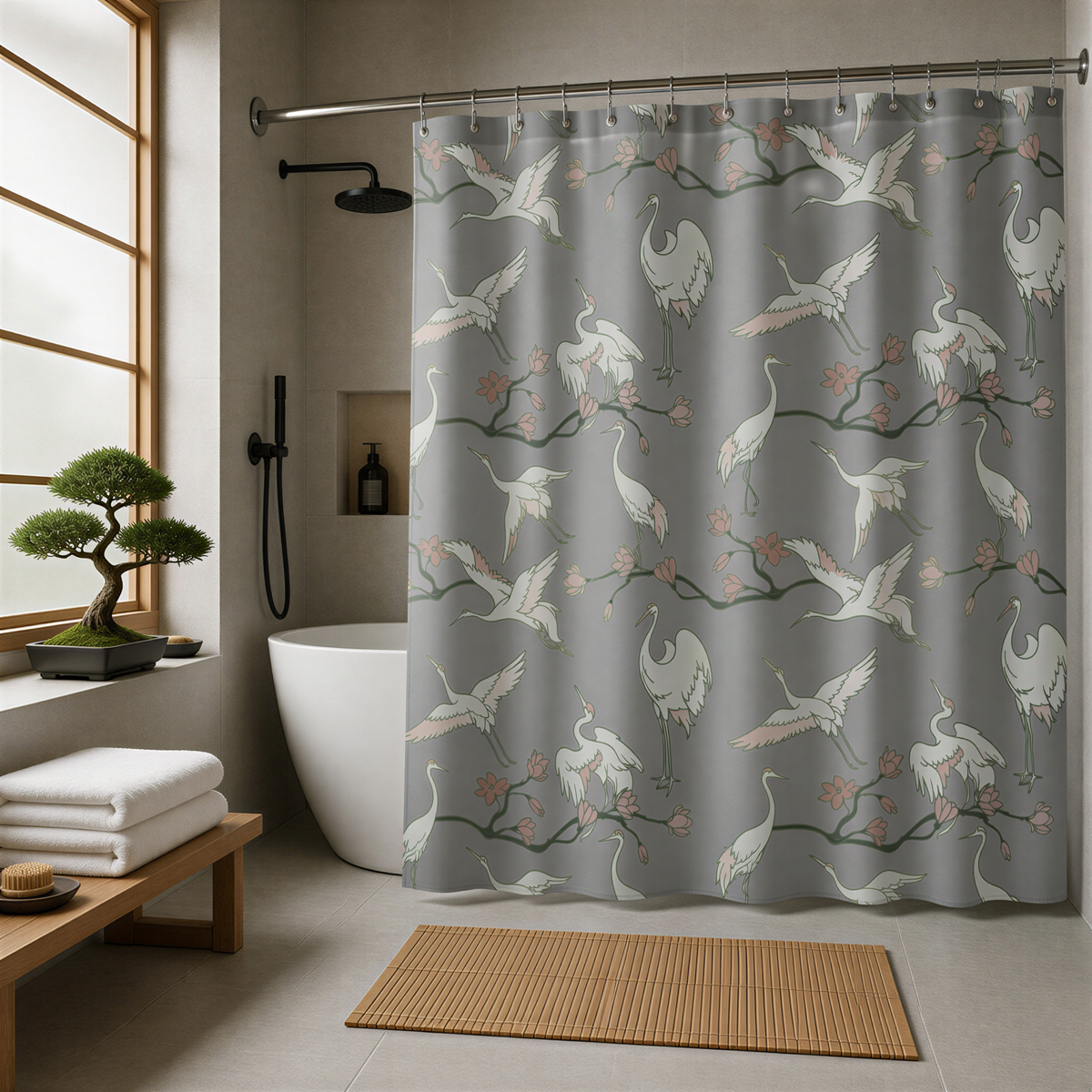 a bathroom with a shower curtain adorned with a repeating pattern of white cranes and pink flowers. The bathroom is well-lit, with a wooden bench and a potted plant adding to the decor.