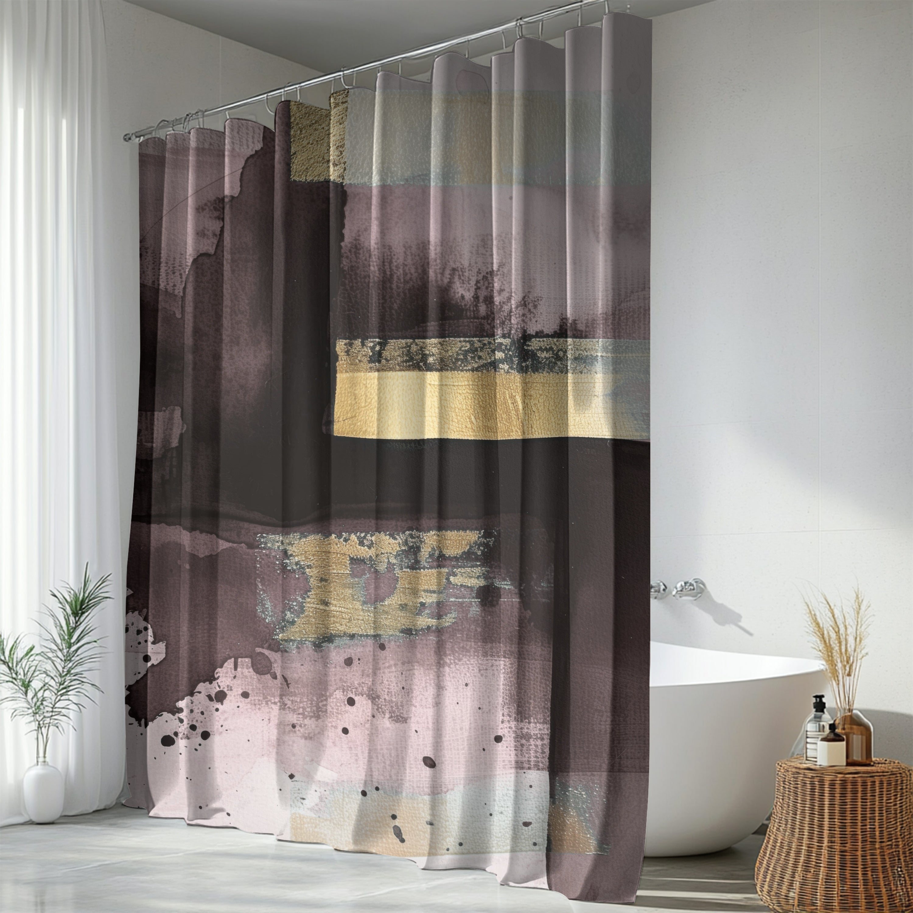 a modern bathroom with a large abstract shower curtain featuring a mix of purple, gold, and black colors. The shower curtain is hanging from a rod, and there is a white bathtub in the background. The bathroom also includes a wicker side table and a potted plant, adding a touch of greenery and natural elements to the space.