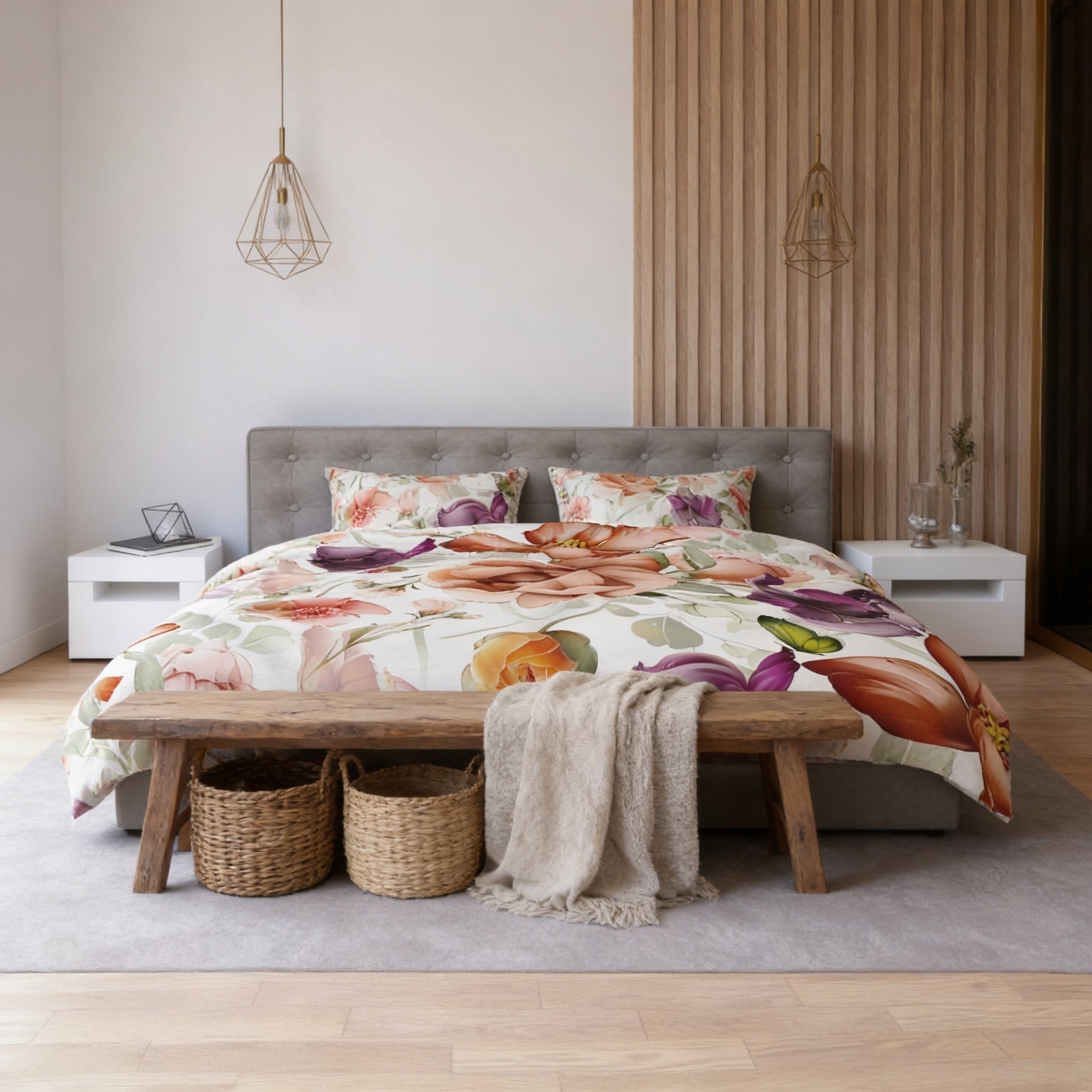a modern bedroom with a large bed, wooden headboard, and a wooden bench. The bed is covered in a floral print comforter and has two pillows. The room has a minimalist and clean design, with a wooden wall panel and a geometric pendant light fixture. There are also two woven baskets and a small vase on the bedside table.