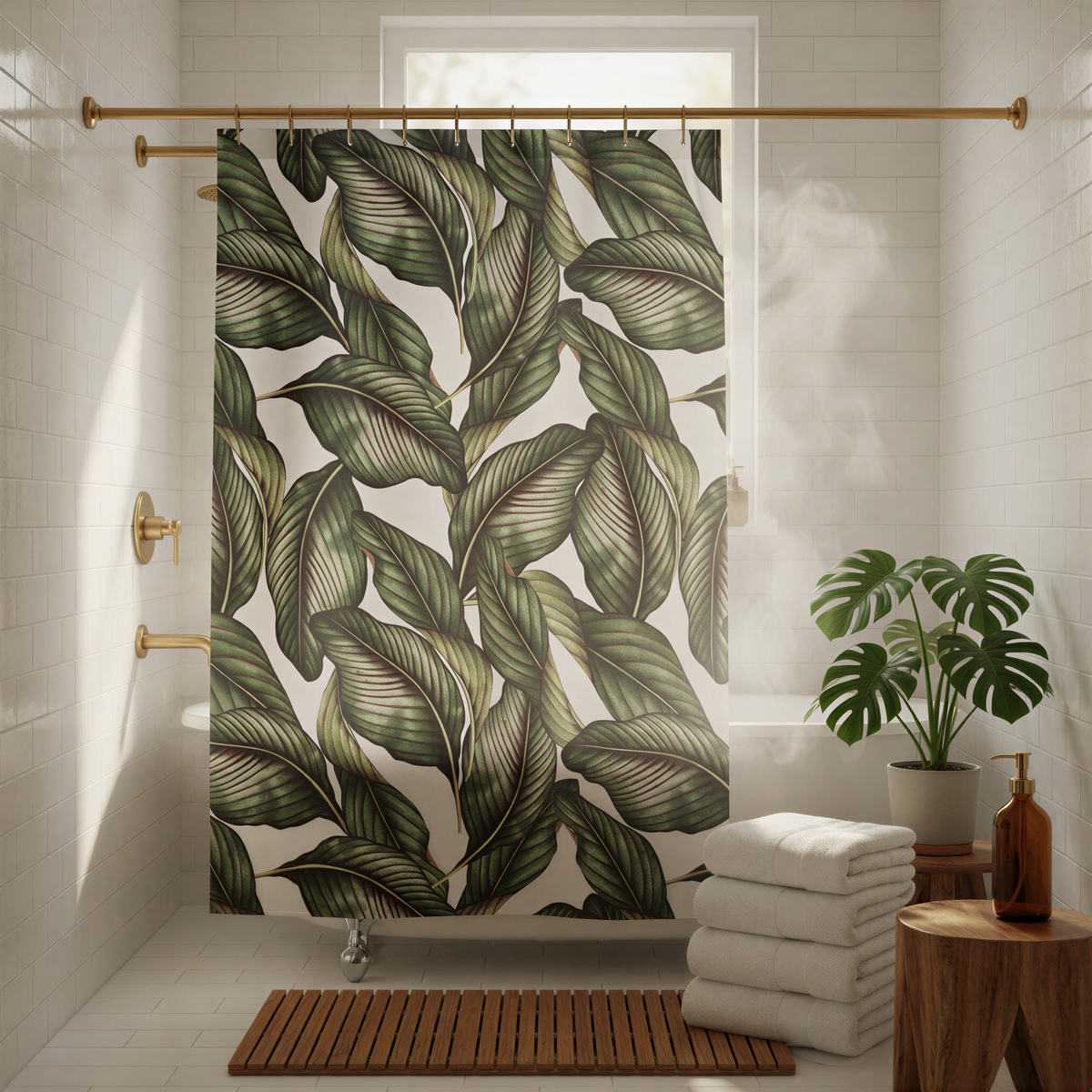 a bathroom with a shower curtain adorned with a tropical leaf pattern. The curtain is hanging from a rod, and there is a stack of white towels nearby. A potted plant is also present in the room, adding a touch of greenery to the space.
