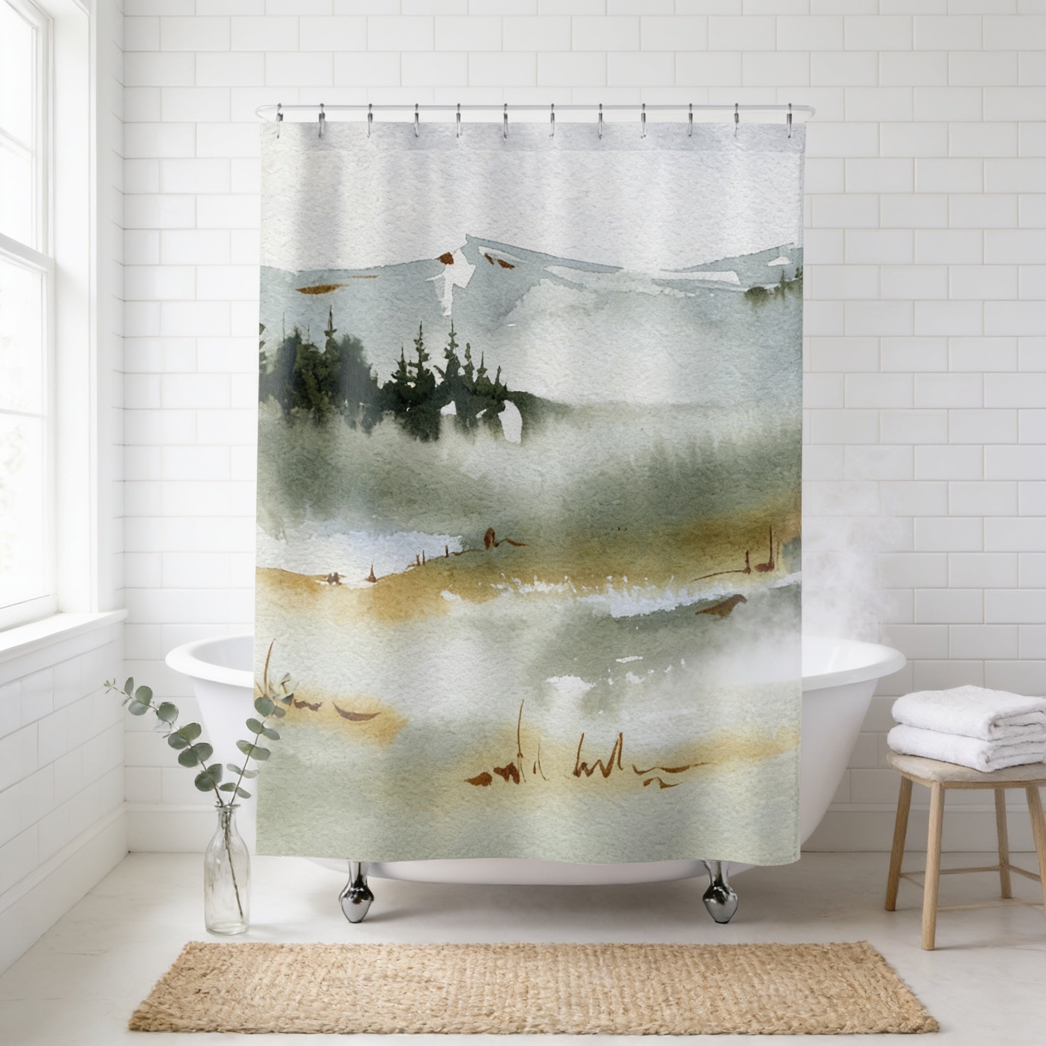 a bathroom with a white bathtub, a shower curtain with a landscape painting, and a small plant in a vase.