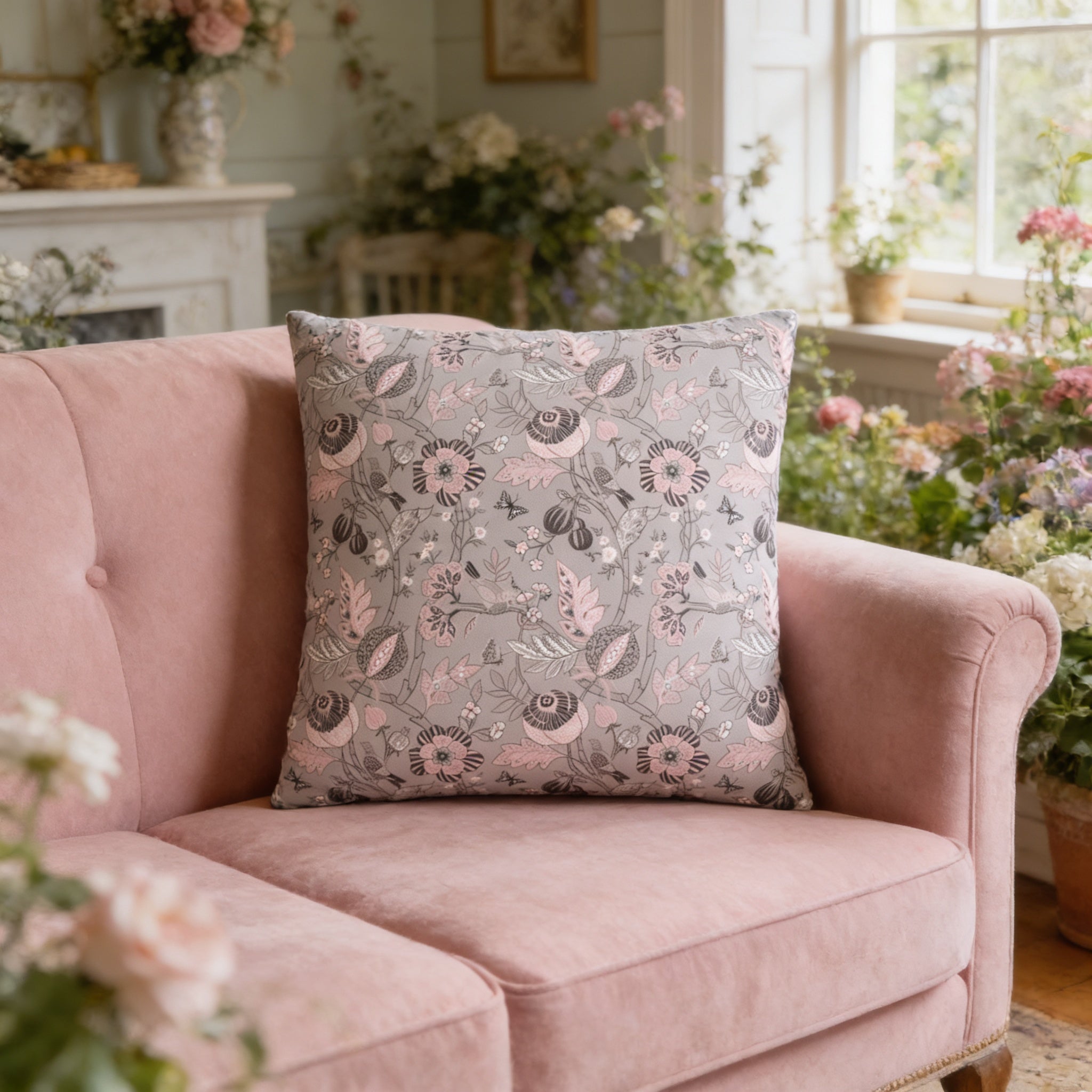 A pink sofa with a gray floral throw pillow on it, surrounded by potted plants and flowers in a cozy living room setting.