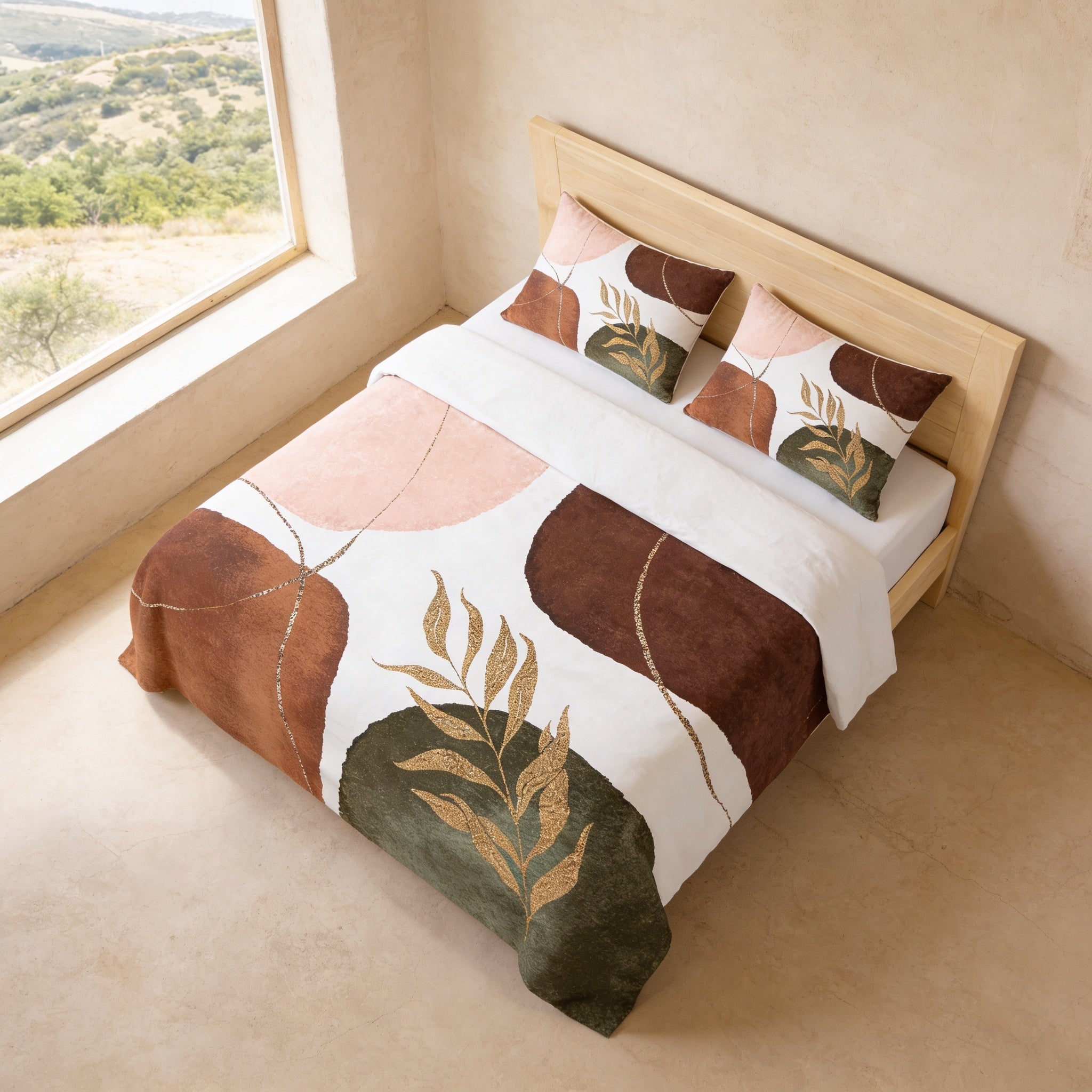 a bedroom with a bed featuring a colorful, abstract patterned bedspread and pillows. The bed is positioned against a wall with a window, providing a view of the surrounding landscape.