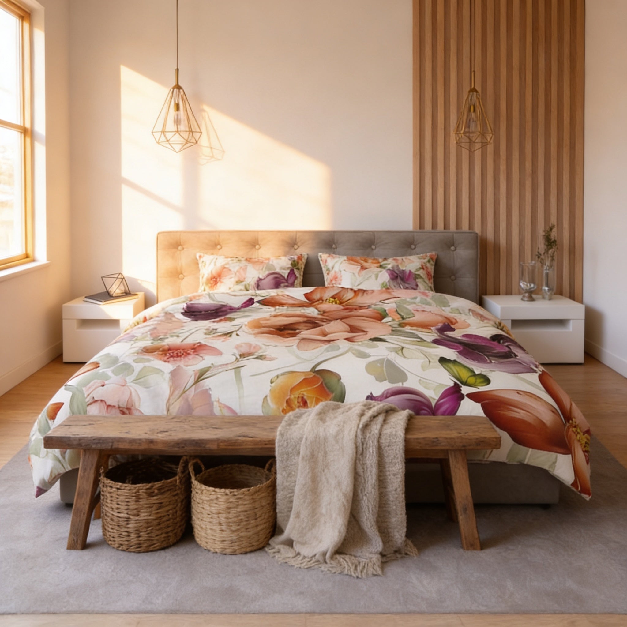 a cozy and inviting bedroom with a large bed adorned with a floral print comforter and pillows. The bed is framed by a wooden headboard and flanked by two nightstands, each with a basket. The room is illuminated by natural light streaming in from a window, and the wooden wall features a geometric pattern. The overall atmosphere of the room is warm and comfortable, with a touch of rustic charm.
