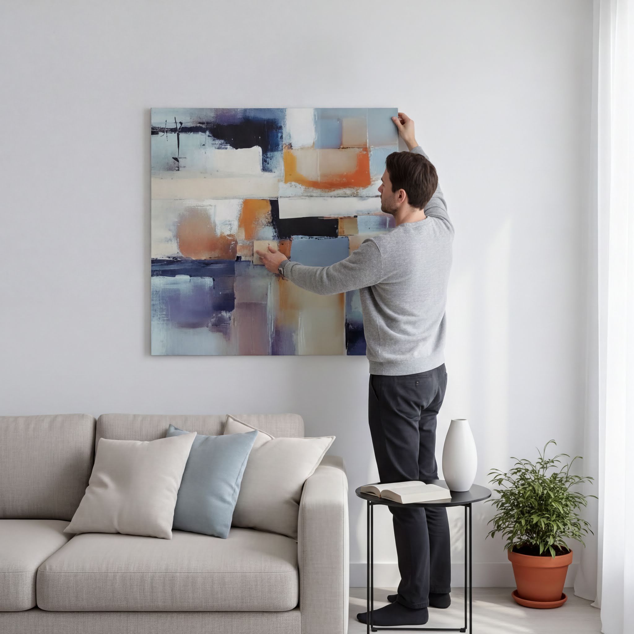 A man is hanging a large abstract painting on a white wall in a living room.