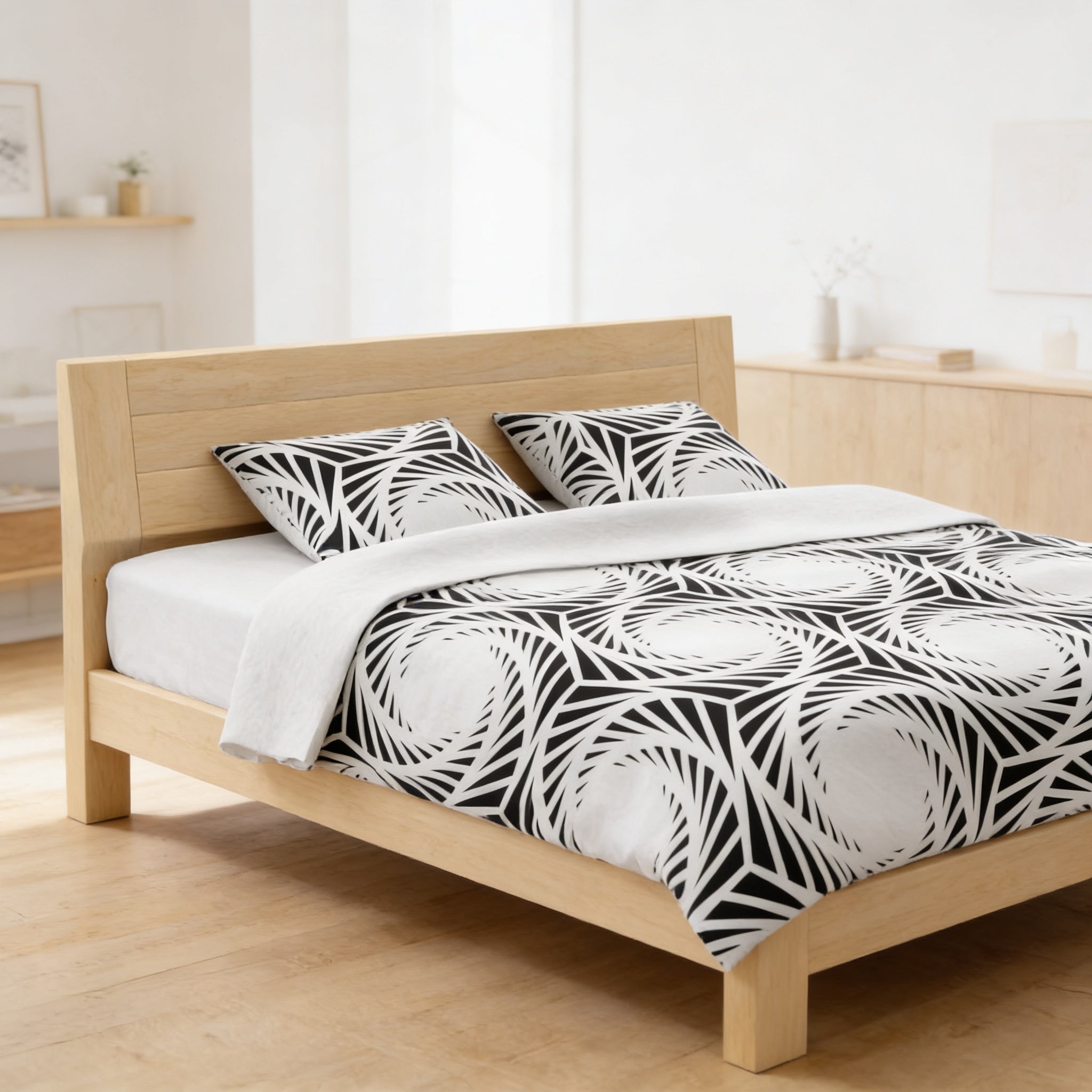 a modern bedroom with a wooden bed frame and a black and white patterned comforter.
