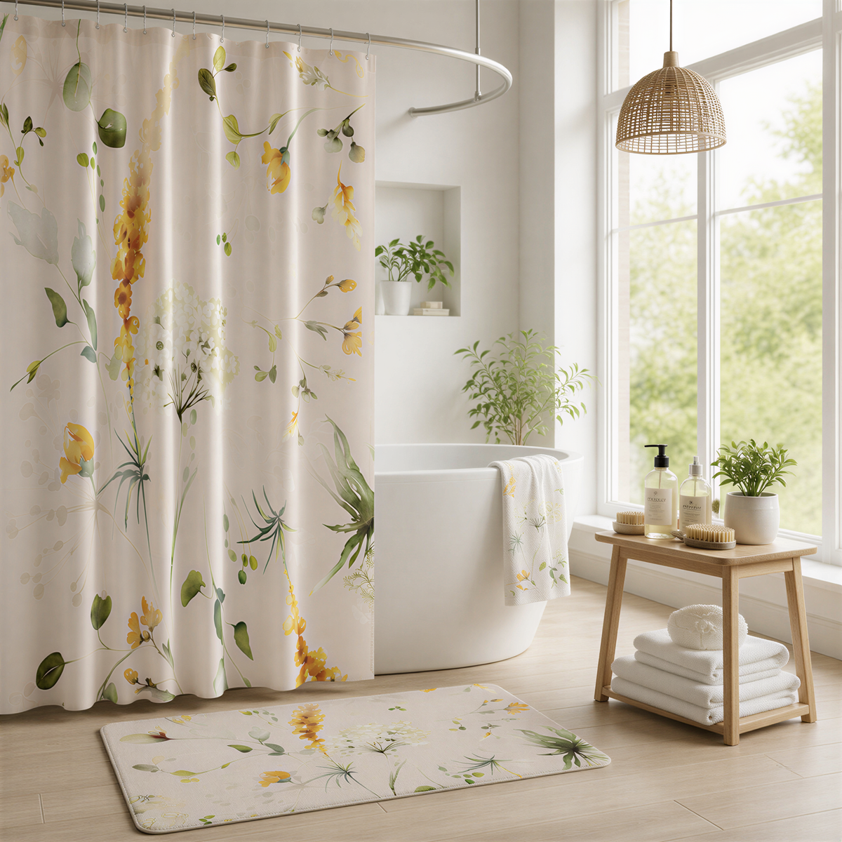 a serene and well-decorated bathroom with a white bathtub, a hanging basket of greenery, and a floral shower curtain.